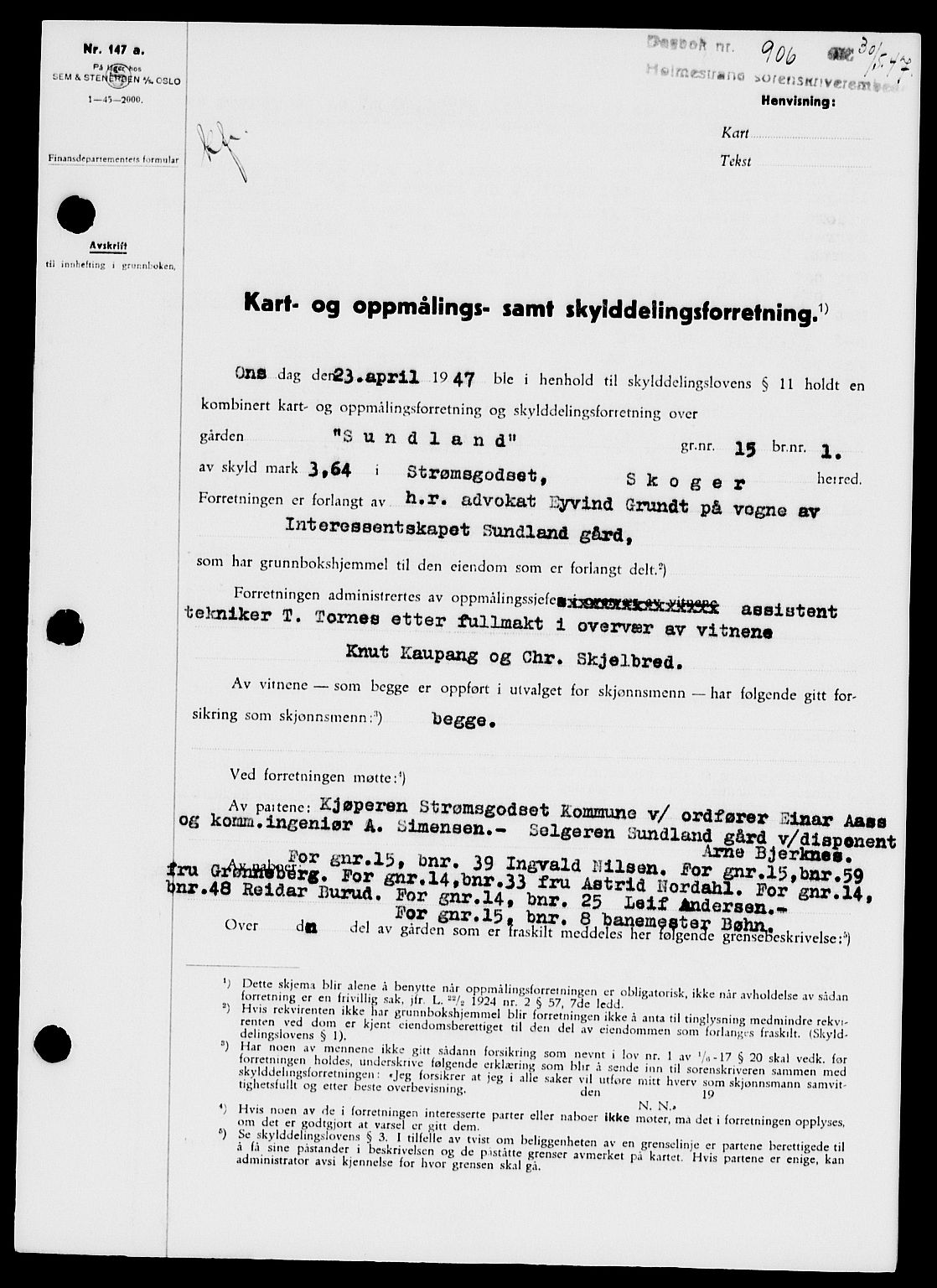 Holmestrand sorenskriveri, SAKO/A-67/G/Ga/Gaa/L0062: Pantebok nr. A-62, 1947-1947, Dagboknr: 906/1947