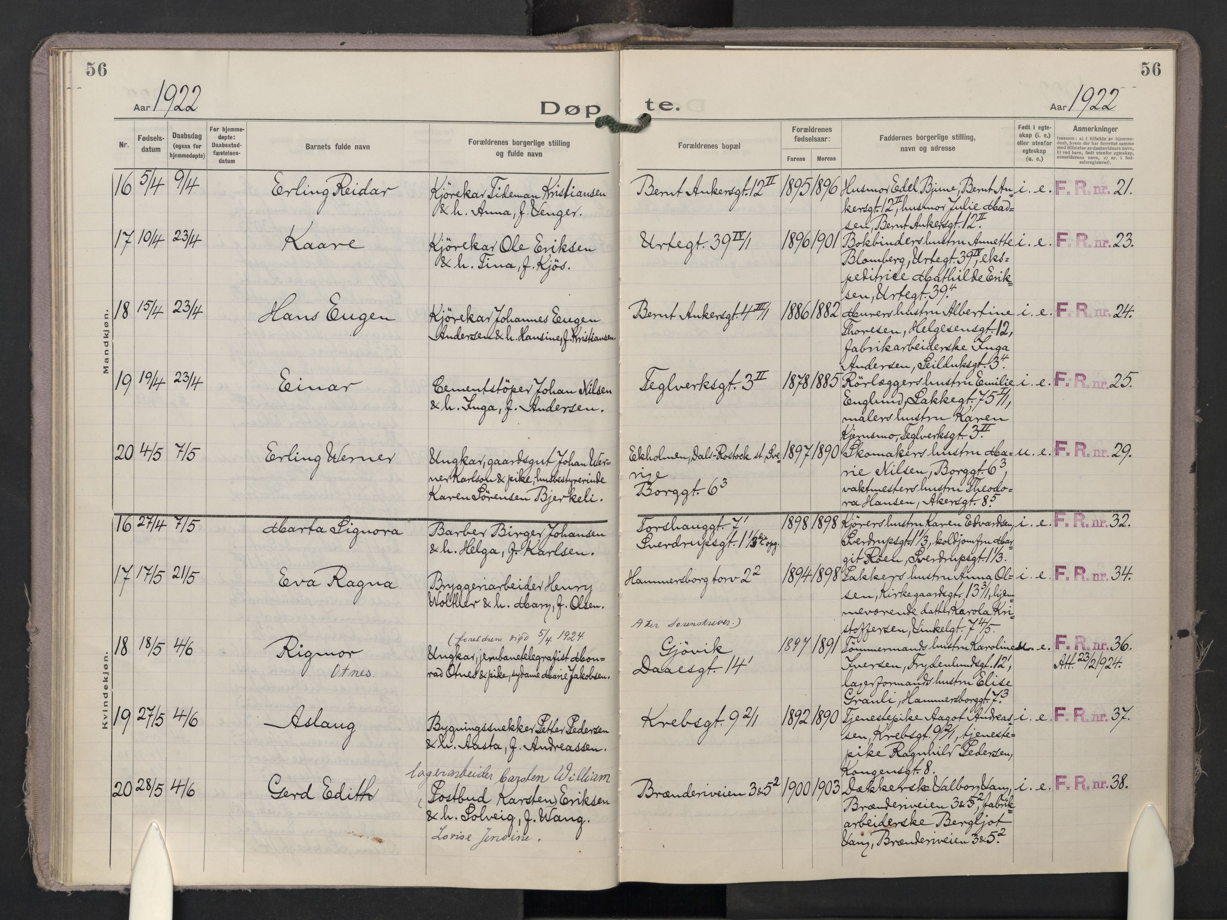 Krohgstøtten sykehusprest Kirkebøker, AV/SAO-A-10854/F/Fa/L0005: Ministerialbok nr. 5, 1918-1959, s. 56