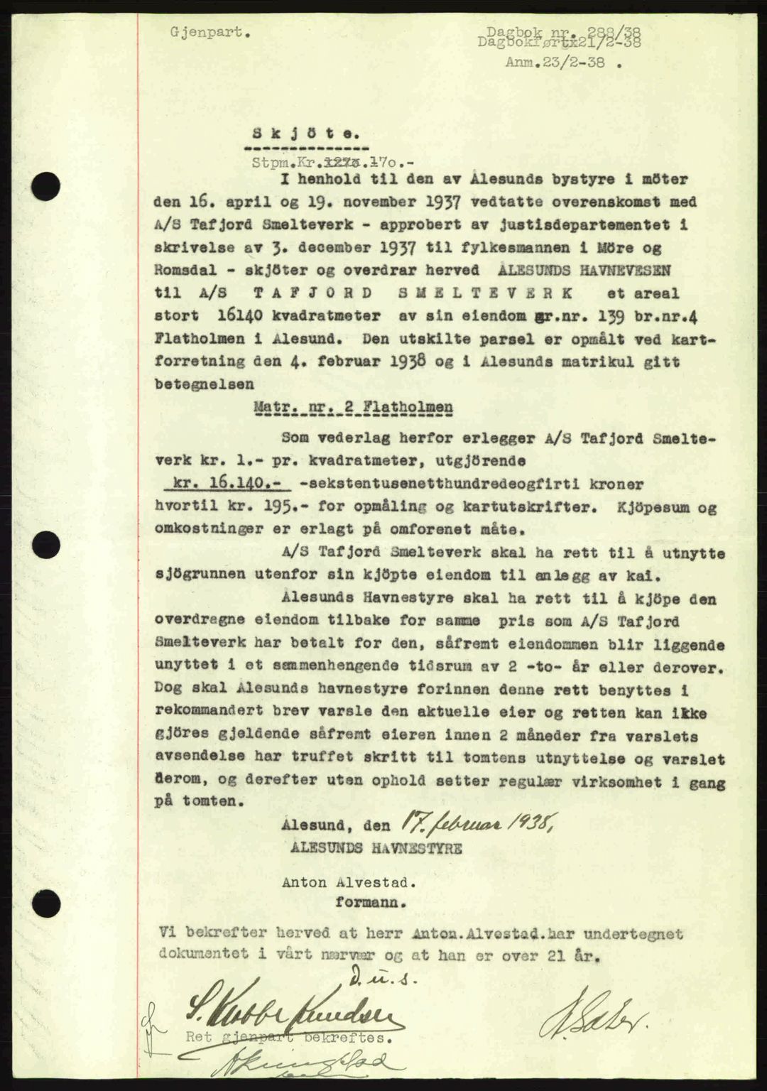 Ålesund byfogd, AV/SAT-A-4384: Pantebok nr. 34 I, 1936-1938, Dagboknr: 288/1938