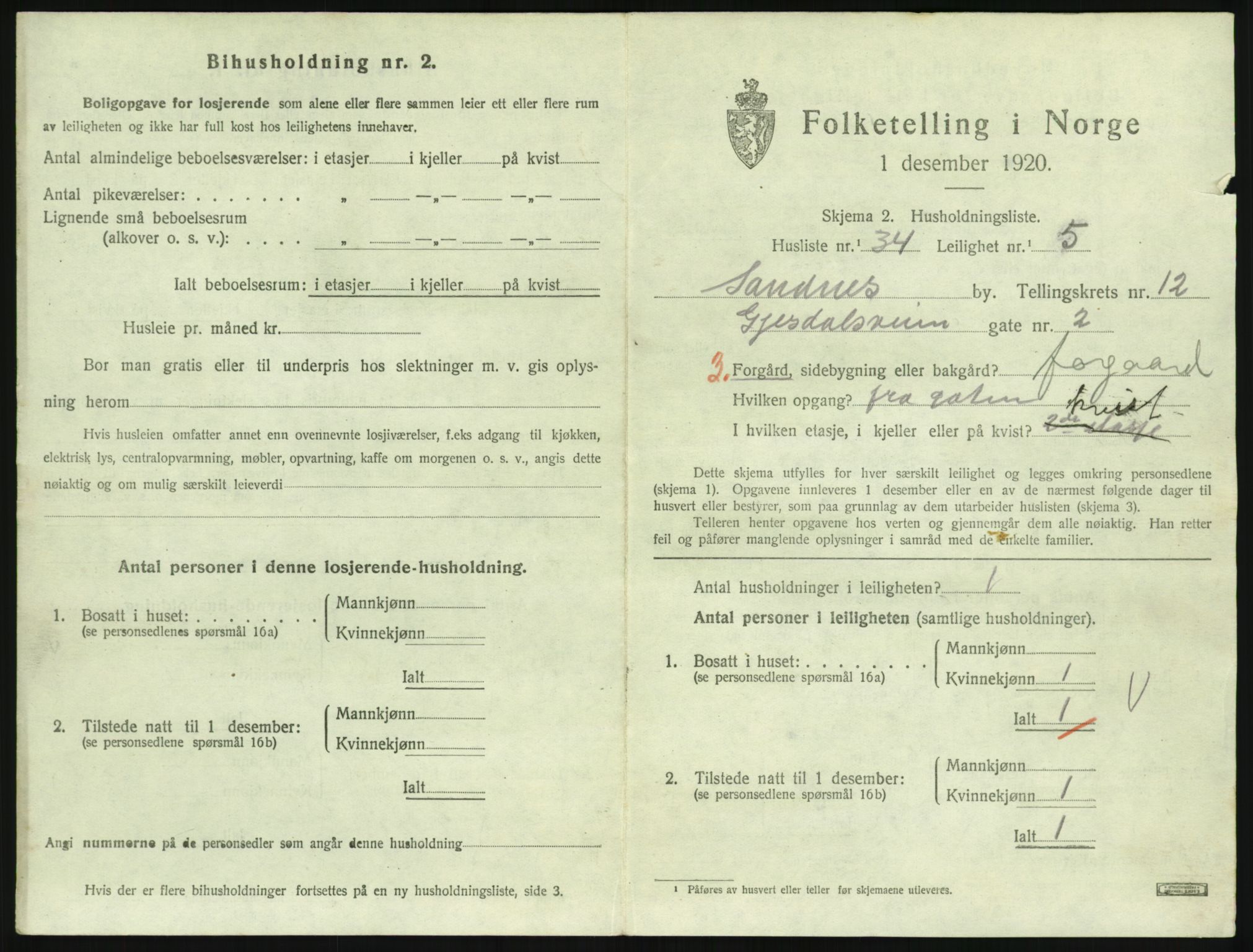 SAST, Folketelling 1920 for 1102 Sandnes ladested, 1920, s. 2494