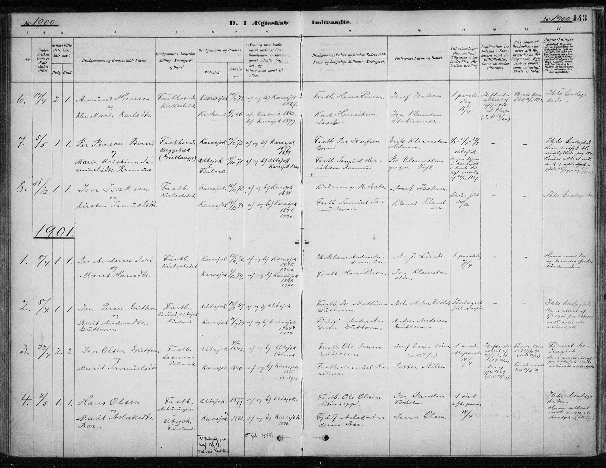 Karasjok sokneprestkontor, AV/SATØ-S-1352/H/Ha/L0002kirke: Ministerialbok nr. 2, 1885-1906, s. 143