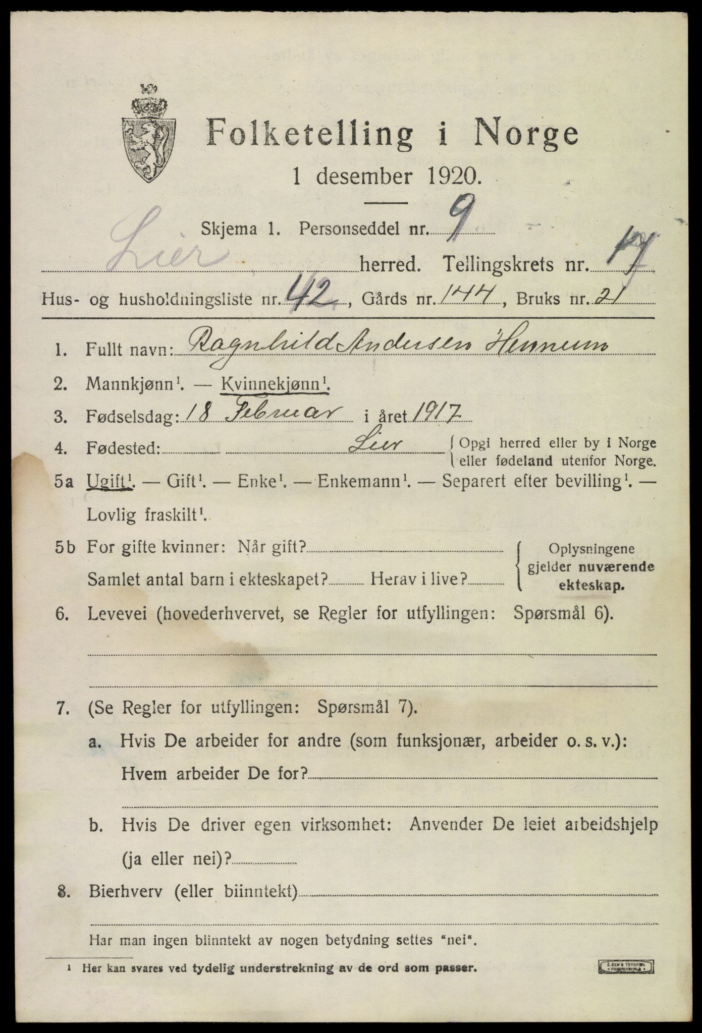 SAKO, Folketelling 1920 for 0626 Lier herred, 1920, s. 24892