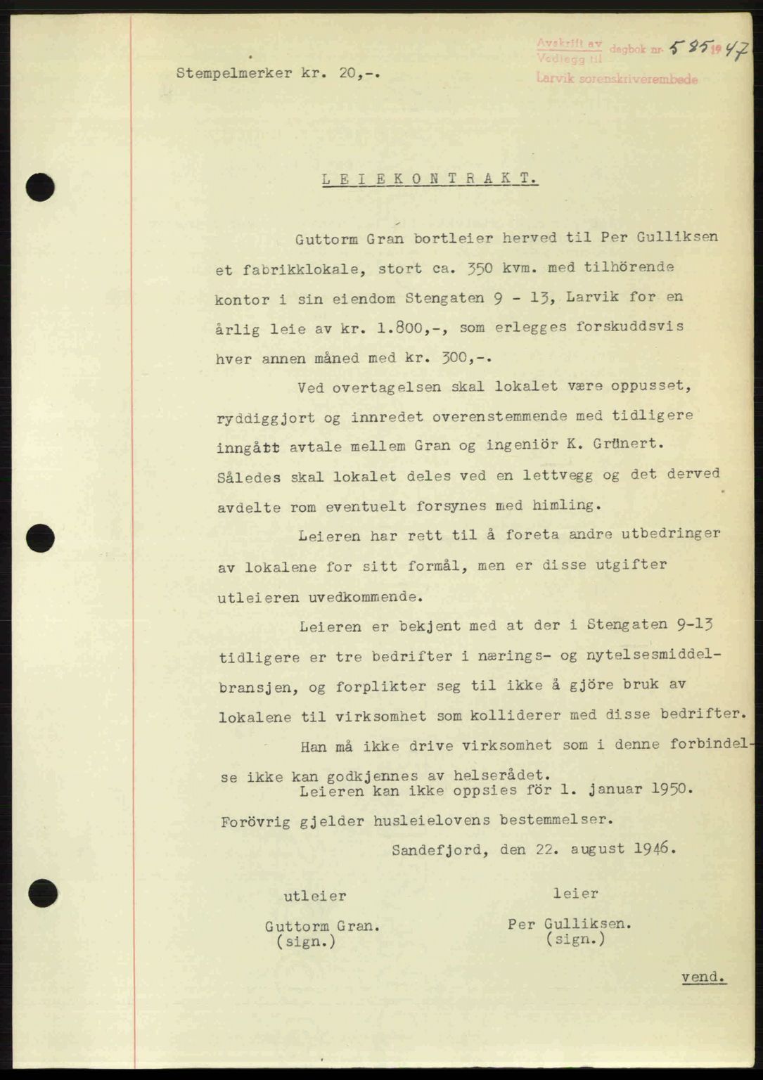 Larvik sorenskriveri, SAKO/A-83/G/Ga/Gab/L0083: Pantebok nr. A-17, 1946-1947, Dagboknr: 585/1947