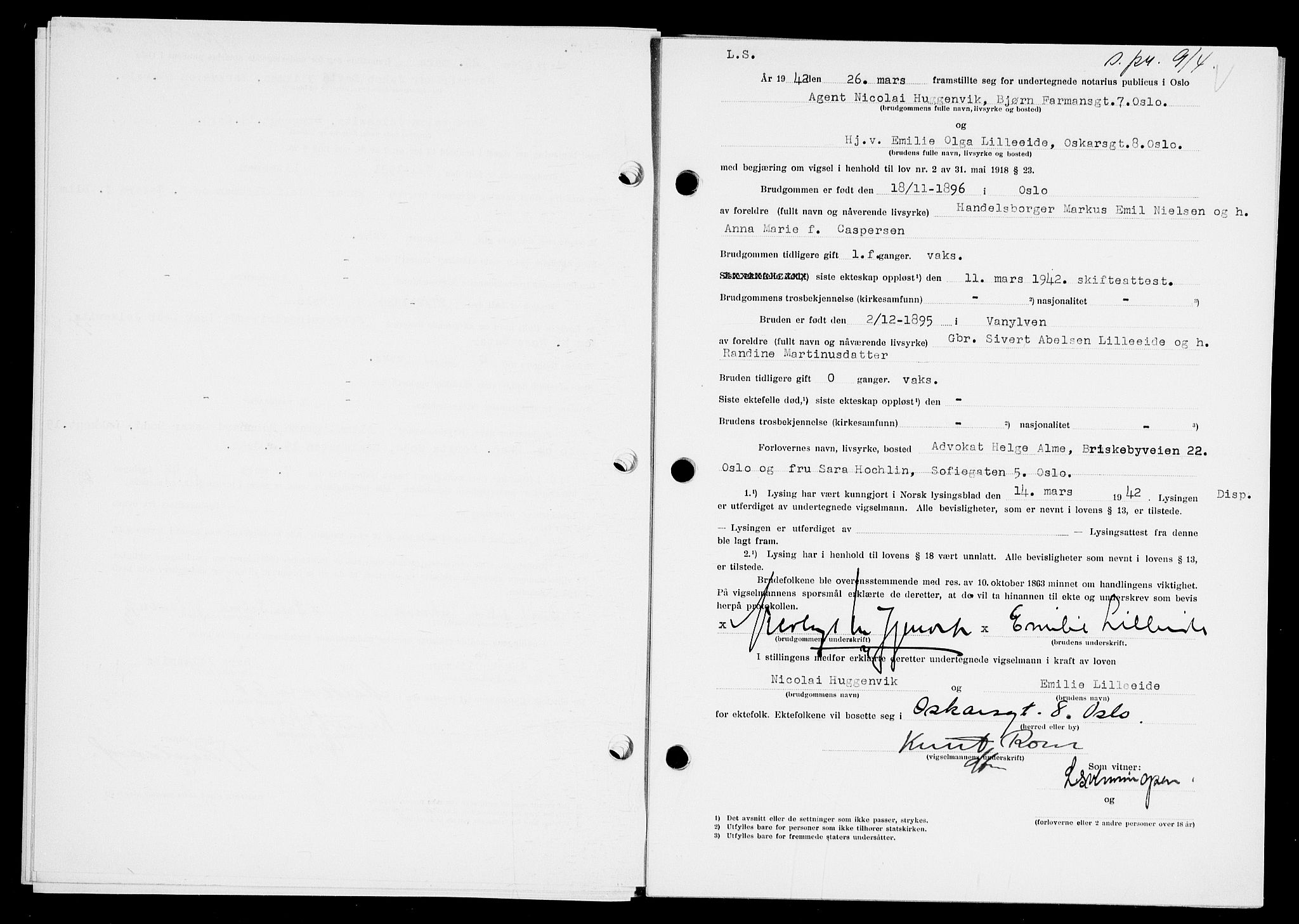 Oslo byfogd avd. I, AV/SAO-A-10220/L/Lb/Lbb/L0039: Notarialprotokoll, rekke II: Vigsler, 1942