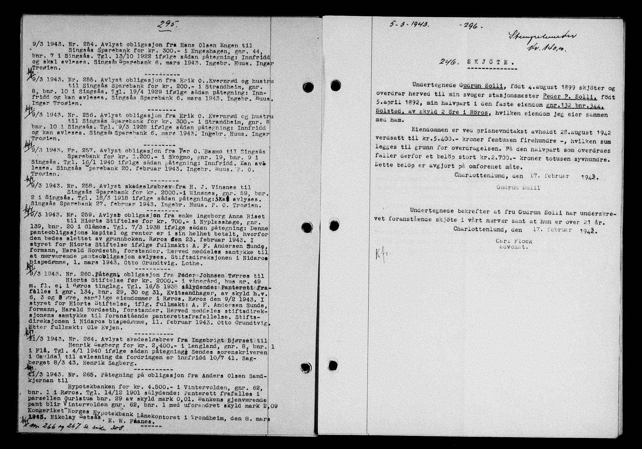 Gauldal sorenskriveri, SAT/A-0014/1/2/2C/L0056: Pantebok nr. 61, 1942-1943, Dagboknr: 246/1943