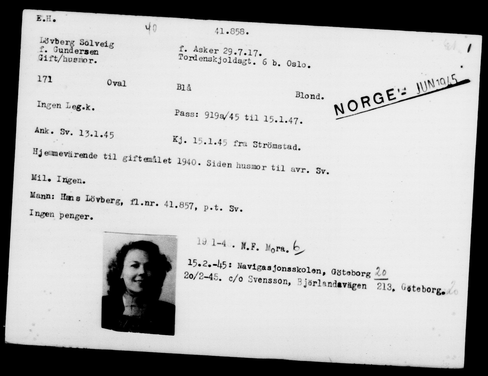 Utenriksstasjonene, Legasjonen i Stockholm, Flyktningkontoret, AV/RA-S-6753/V/Va/L0016: Kjesäterkartoteket, flyktninger med registreringsnr. 40700-43479, 1940-1945, s. 1202