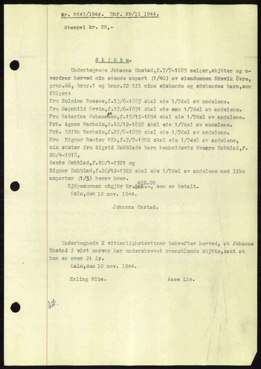 Salten sorenskriveri, SAT/A-4578/1/2/2C: Pantebok nr. A14-15, 1943-1945, Dagboknr: 2543/1944