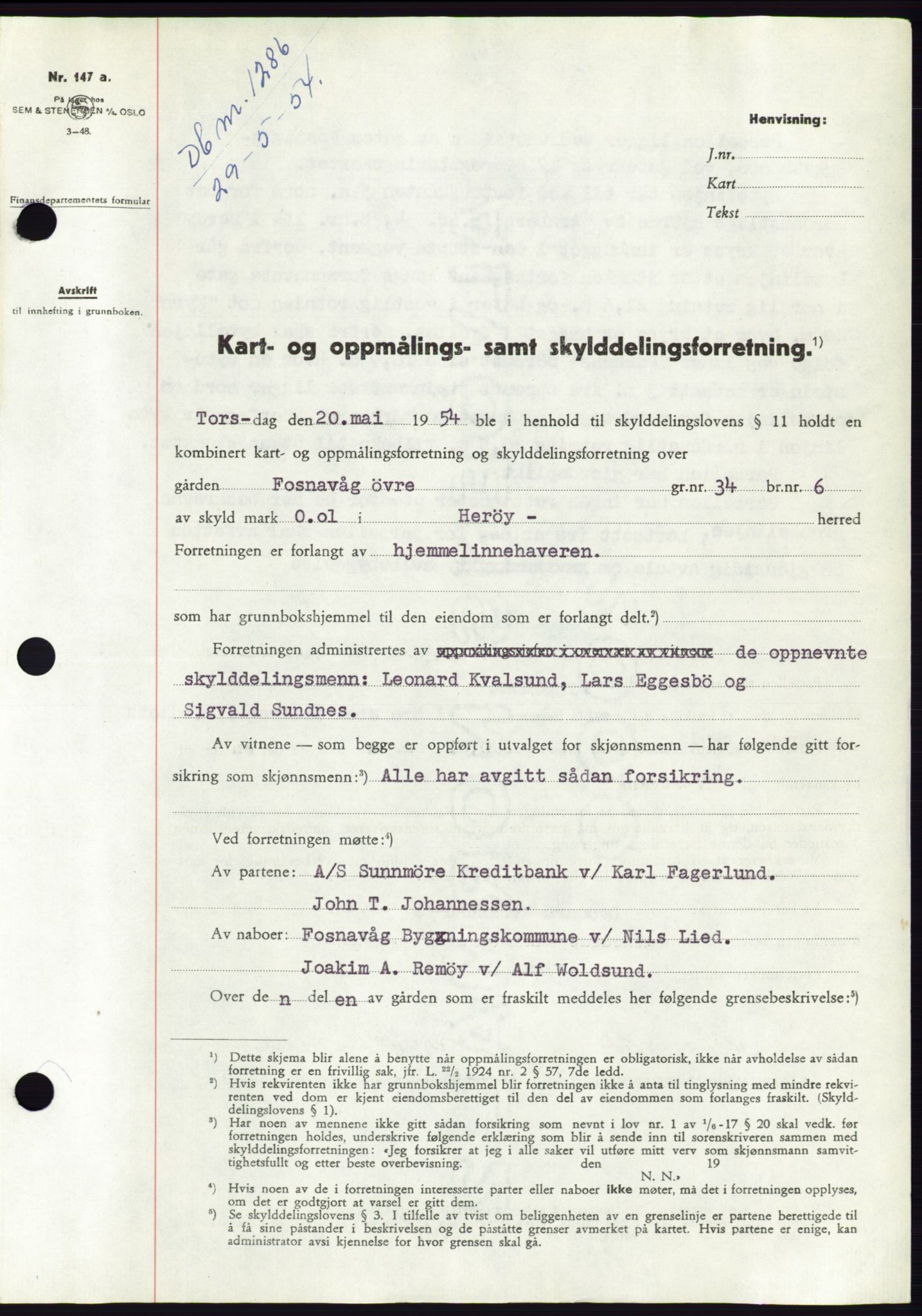 Søre Sunnmøre sorenskriveri, SAT/A-4122/1/2/2C/L0097: Pantebok nr. 23A, 1954-1954, Dagboknr: 1286/1954