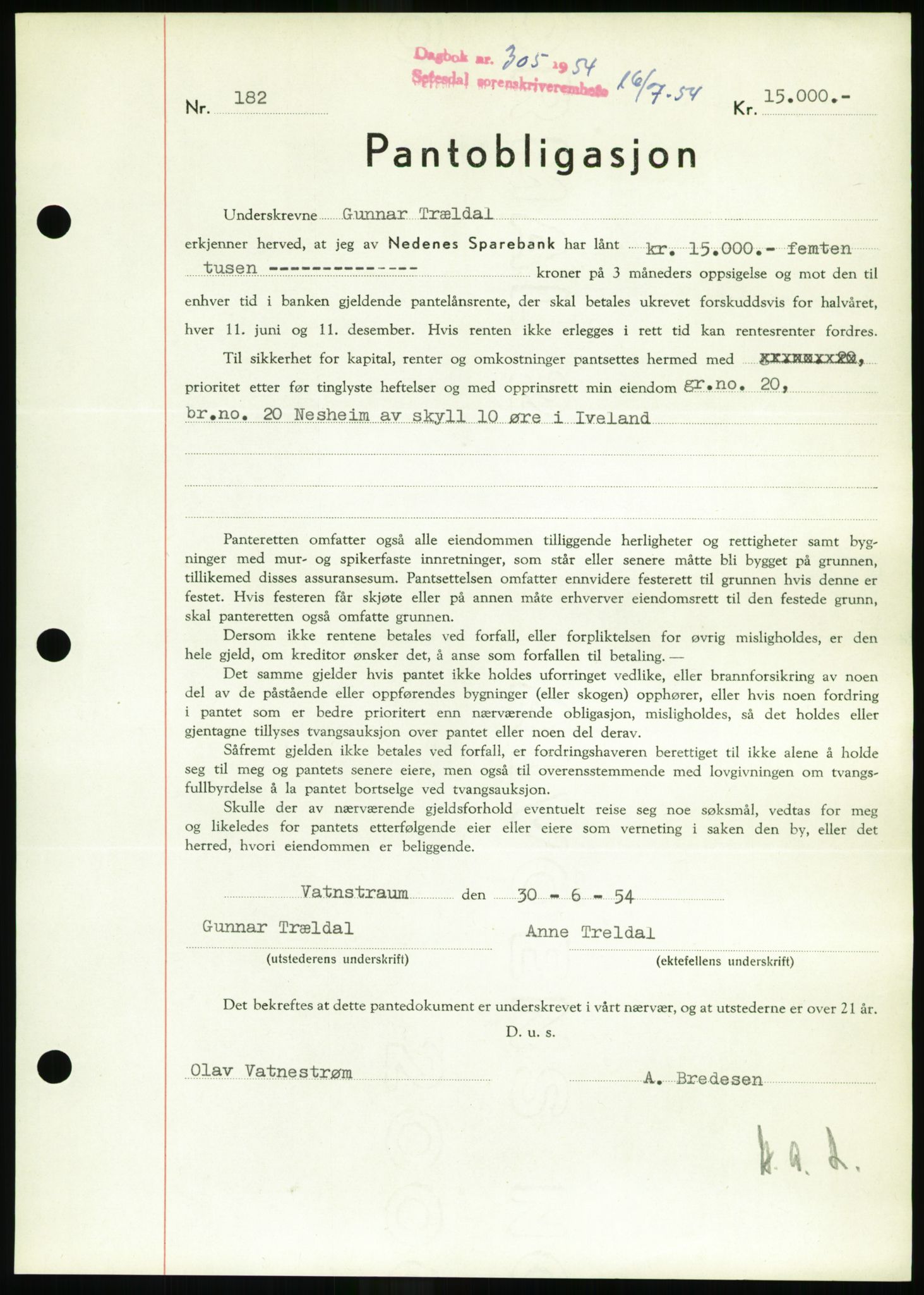 Setesdal sorenskriveri, SAK/1221-0011/G/Gb/L0052: Pantebok nr. B 40, 1954-1955, Dagboknr: 305/1954