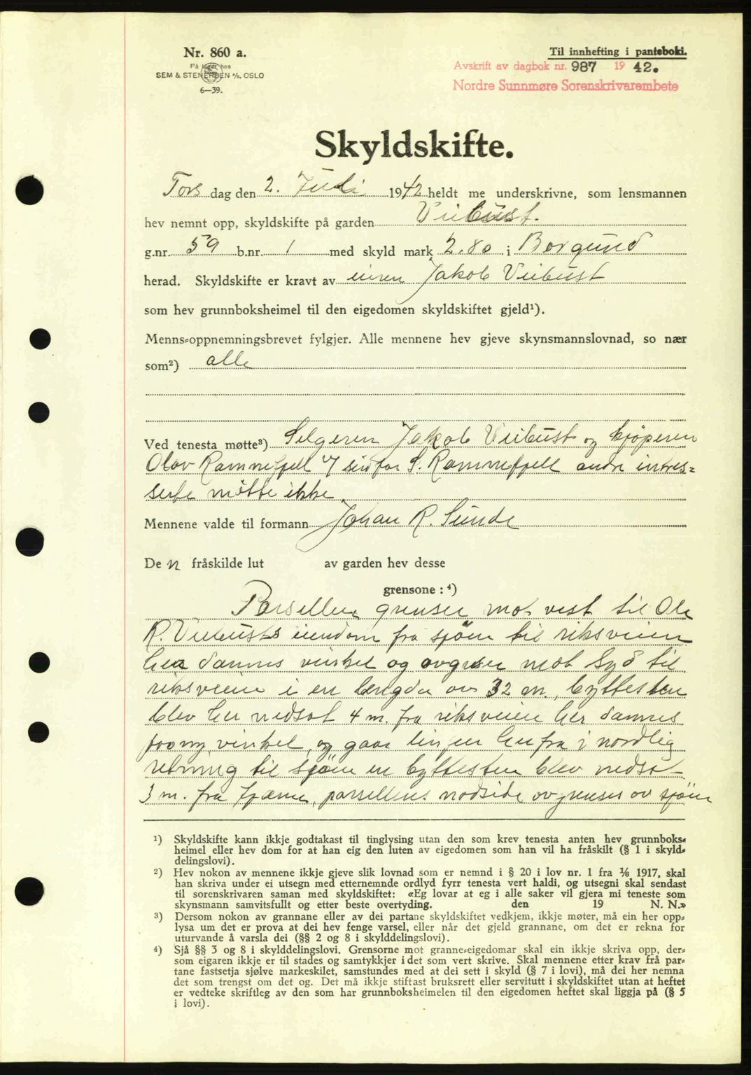 Nordre Sunnmøre sorenskriveri, SAT/A-0006/1/2/2C/2Ca: Pantebok nr. A13, 1942-1942, Dagboknr: 987/1942