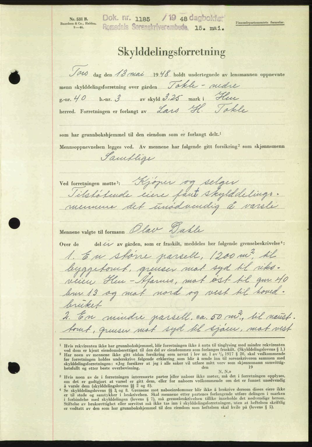 Romsdal sorenskriveri, AV/SAT-A-4149/1/2/2C: Pantebok nr. A26, 1948-1948, Dagboknr: 1185/1948