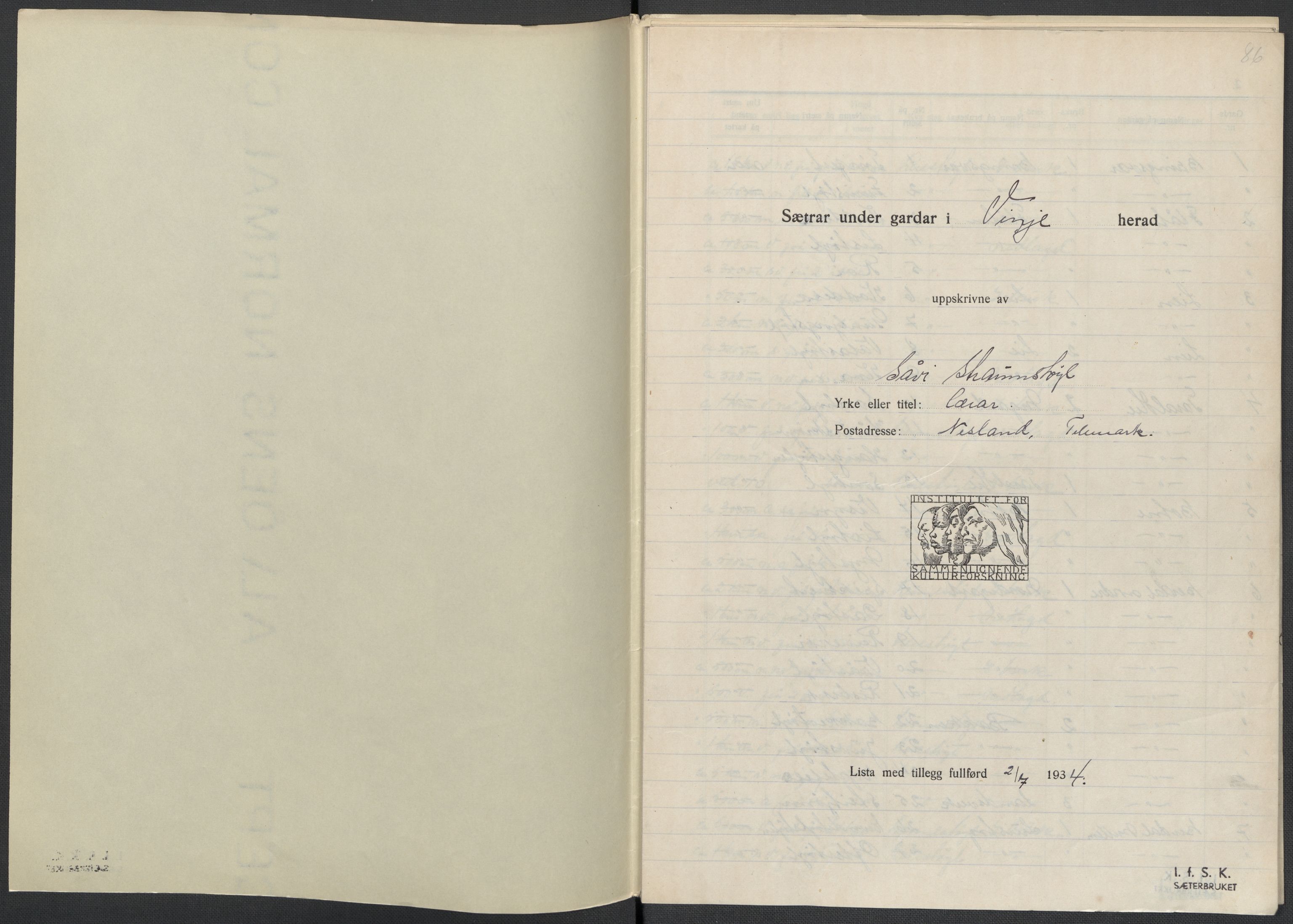 Instituttet for sammenlignende kulturforskning, AV/RA-PA-0424/F/Fc/L0007/0003: Eske B7: / Telemark (perm XVIII), 1934, s. 86