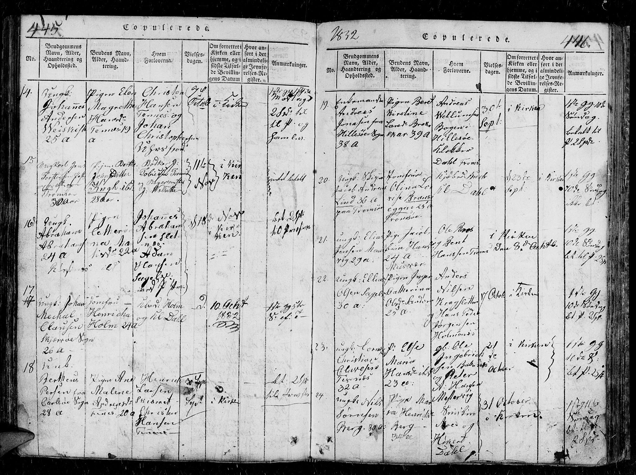 Tromsø sokneprestkontor/stiftsprosti/domprosti, AV/SATØ-S-1343/G/Gb/L0001klokker: Klokkerbok nr. 1, 1821-1833, s. 445-446