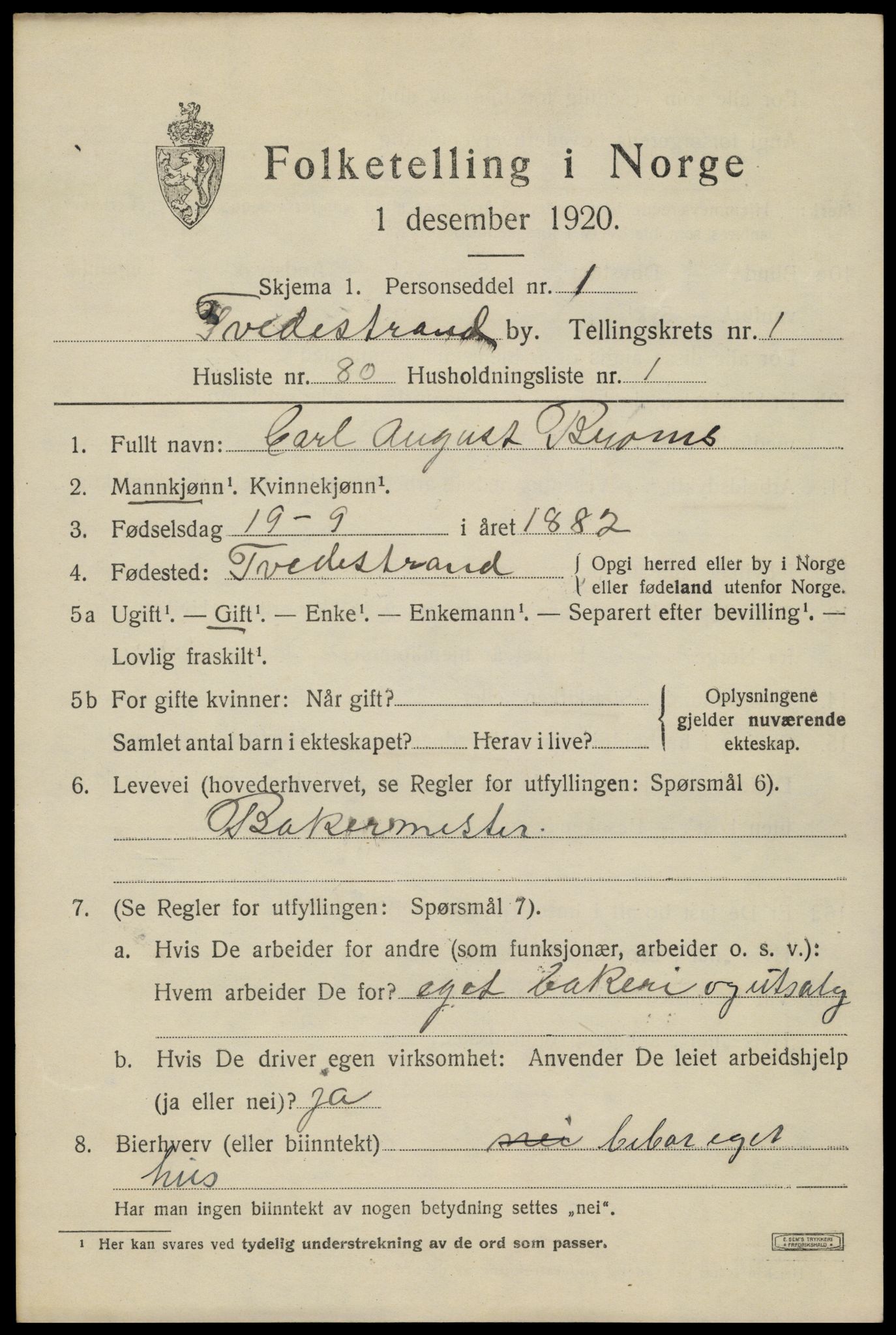 SAK, Folketelling 1920 for 0902 Tvedestrand ladested, 1920, s. 2211
