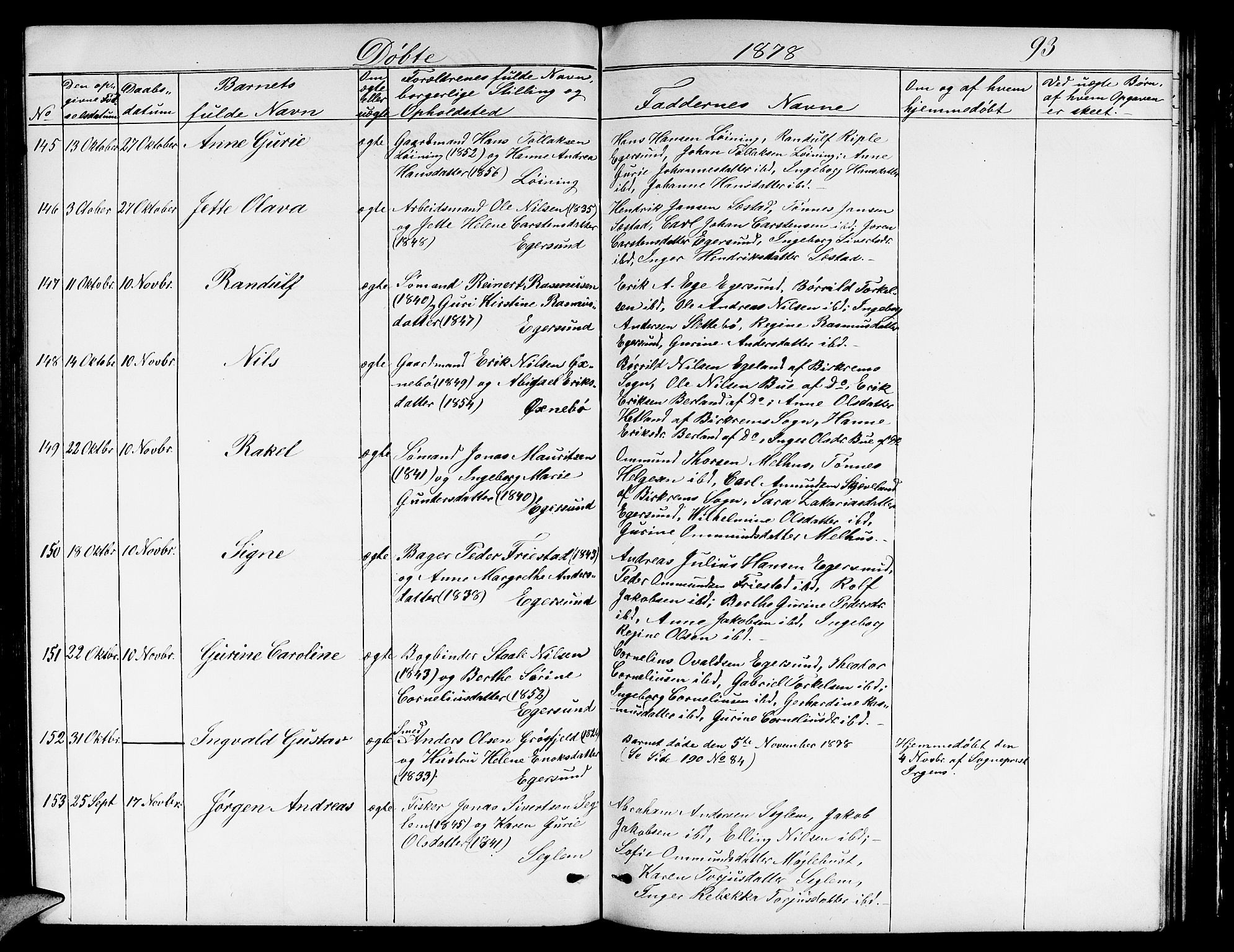 Eigersund sokneprestkontor, AV/SAST-A-101807/S09/L0005: Klokkerbok nr. B 5, 1872-1881, s. 93