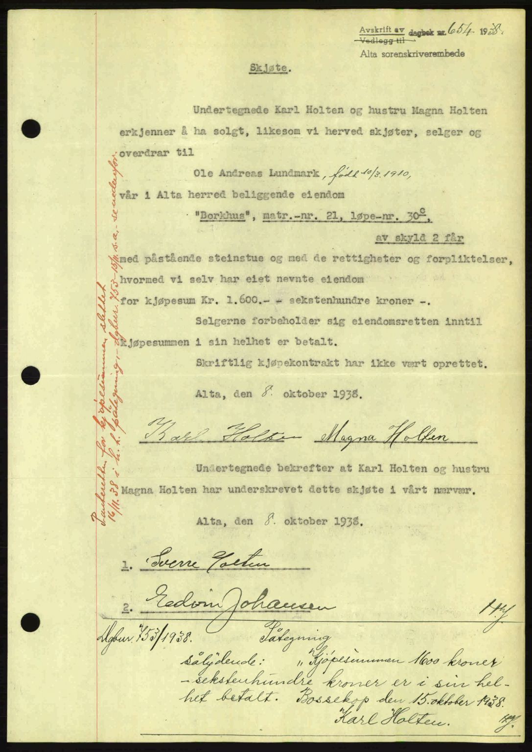 Alta fogderi/sorenskriveri, AV/SATØ-SATØ-5/1/K/Kd/L0031pantebok: Pantebok nr. 31, 1938-1939, Dagboknr: 654/1938