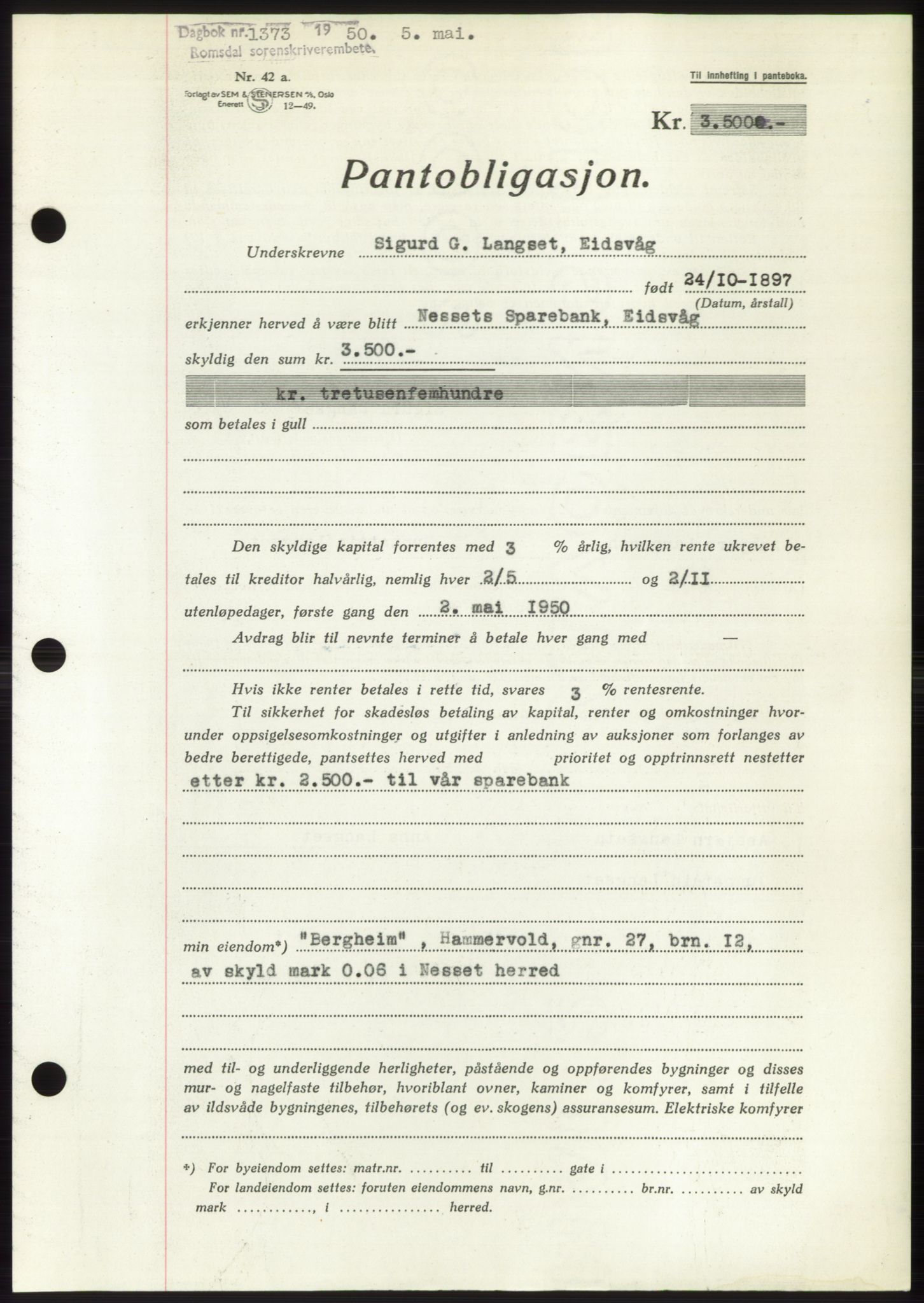 Romsdal sorenskriveri, AV/SAT-A-4149/1/2/2C: Pantebok nr. B5, 1949-1950, Dagboknr: 1373/1950