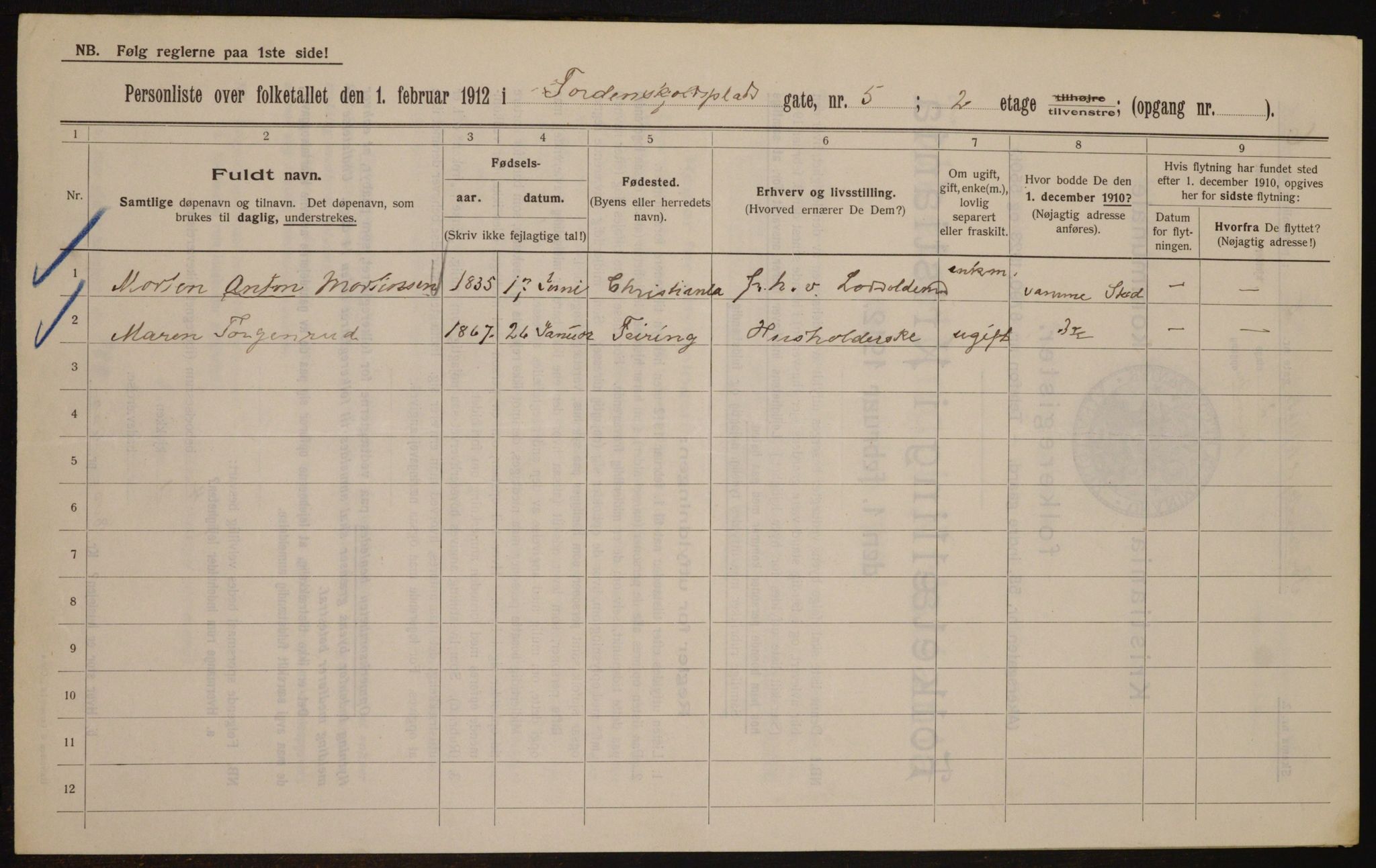 OBA, Kommunal folketelling 1.2.1912 for Kristiania, 1912, s. 113883