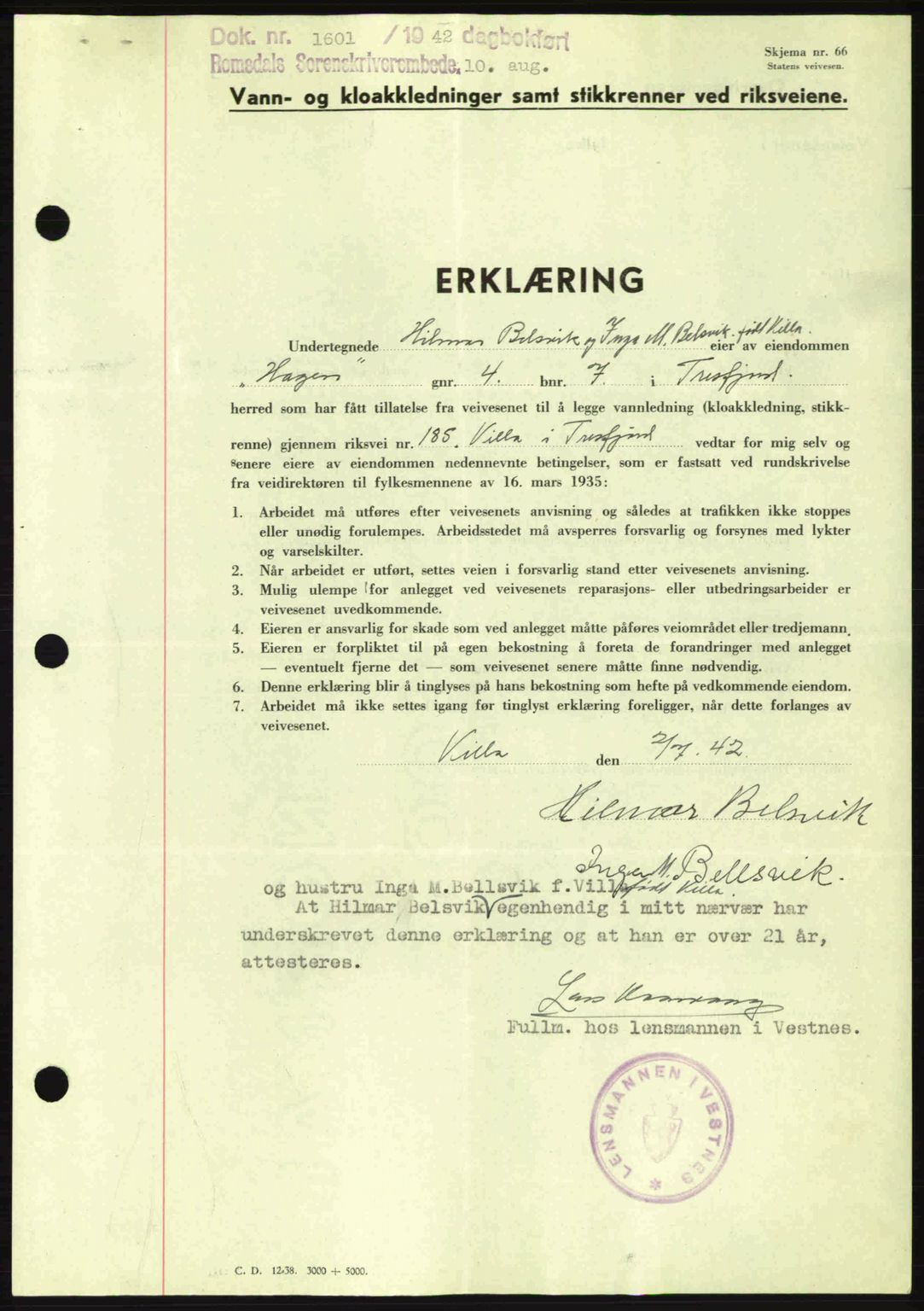 Romsdal sorenskriveri, SAT/A-4149/1/2/2C: Pantebok nr. B2, 1939-1945, Dagboknr: 1601/1942