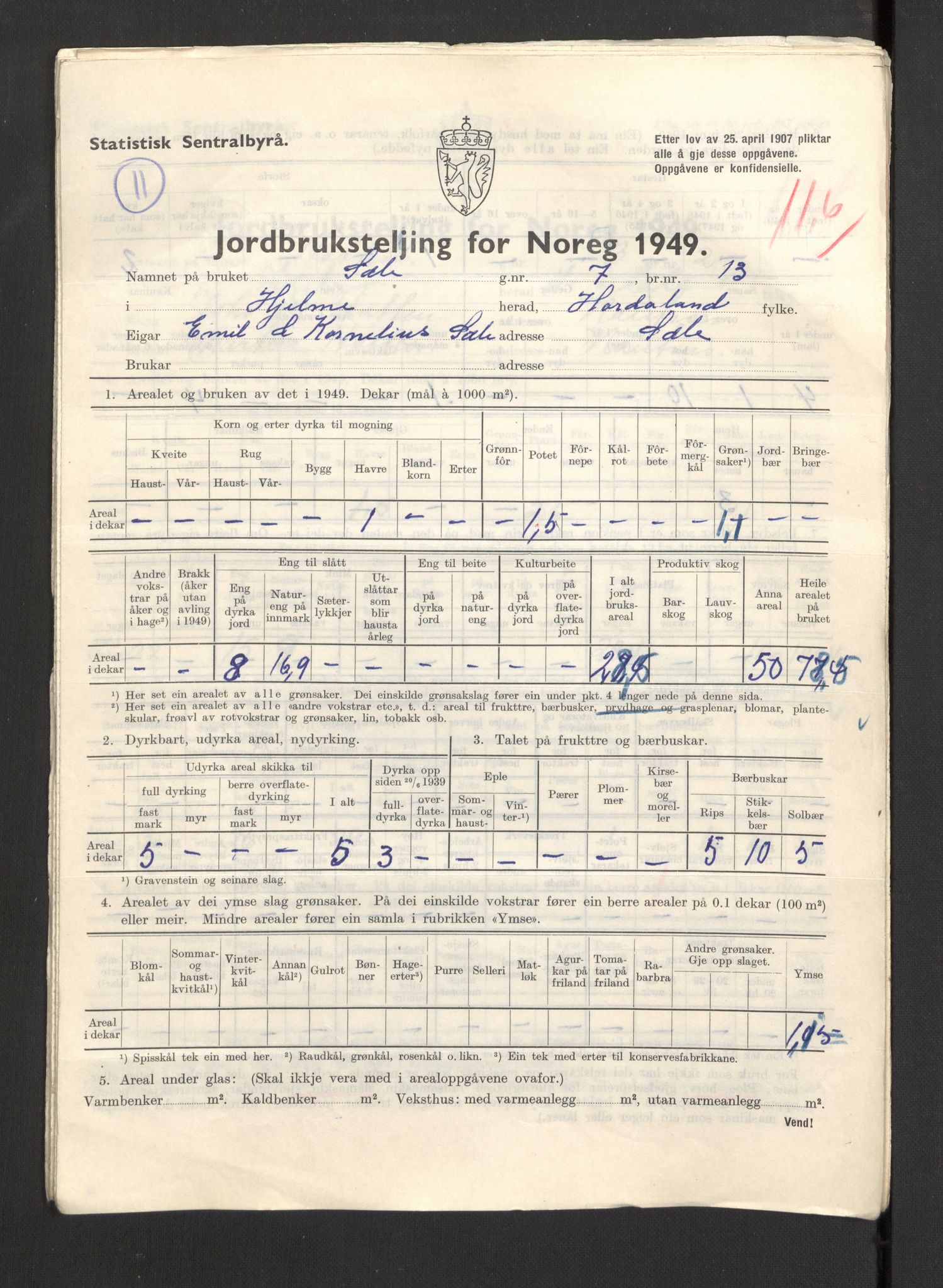 Statistisk sentralbyrå, Næringsøkonomiske emner, Jordbruk, skogbruk, jakt, fiske og fangst, AV/RA-S-2234/G/Gc/L0276: Hordaland: Herdla og Hjelme, 1949, s. 1302