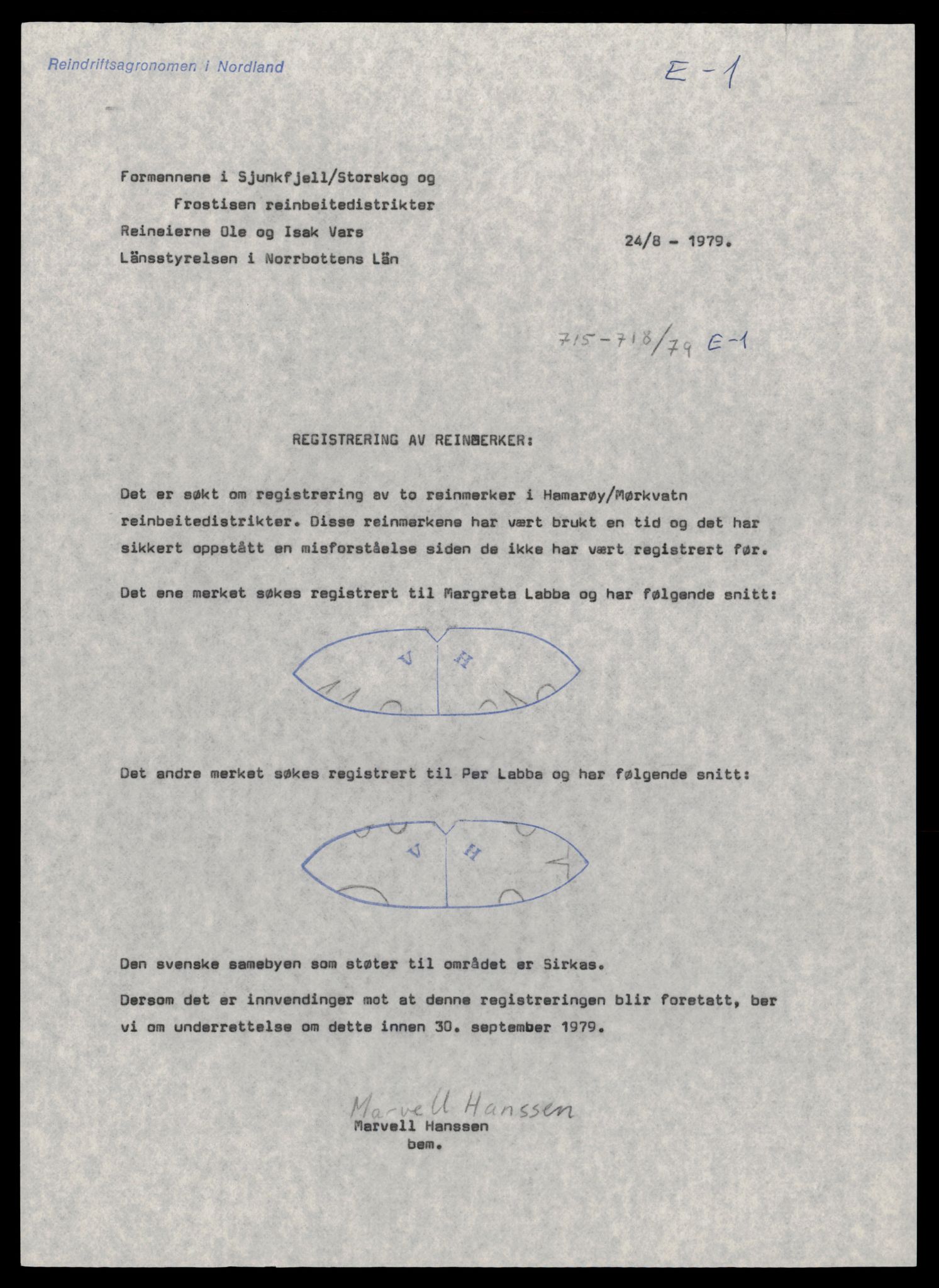 Reindriftsforvaltningen Nordland, AV/SAT-A-5309/D/Dc/L0506/0002: Korrespondanse ordnet etter arkivnøkkel / Registrering av reinmerker - Hamarøy / Mørkvatn, 1966-1981, s. 9