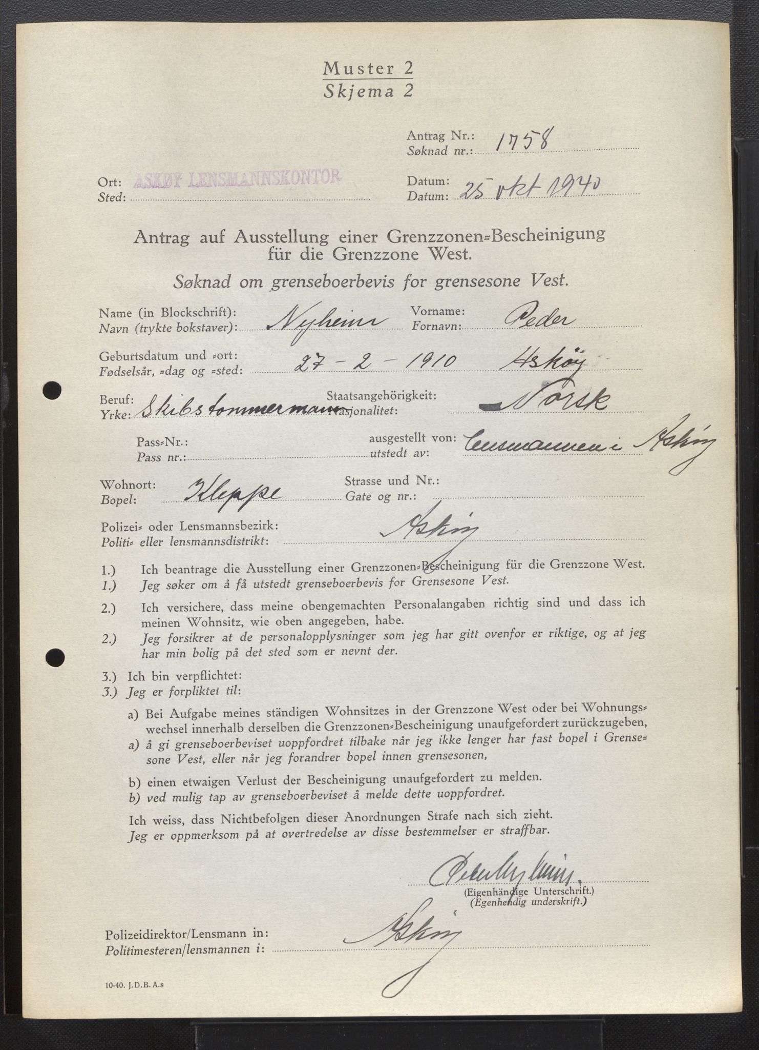 Lensmannen i Askøy, AV/SAB-A-31001/0026/L0007: Søknader om grensebuarbevis 1701 - 2125, 1940, s. 117