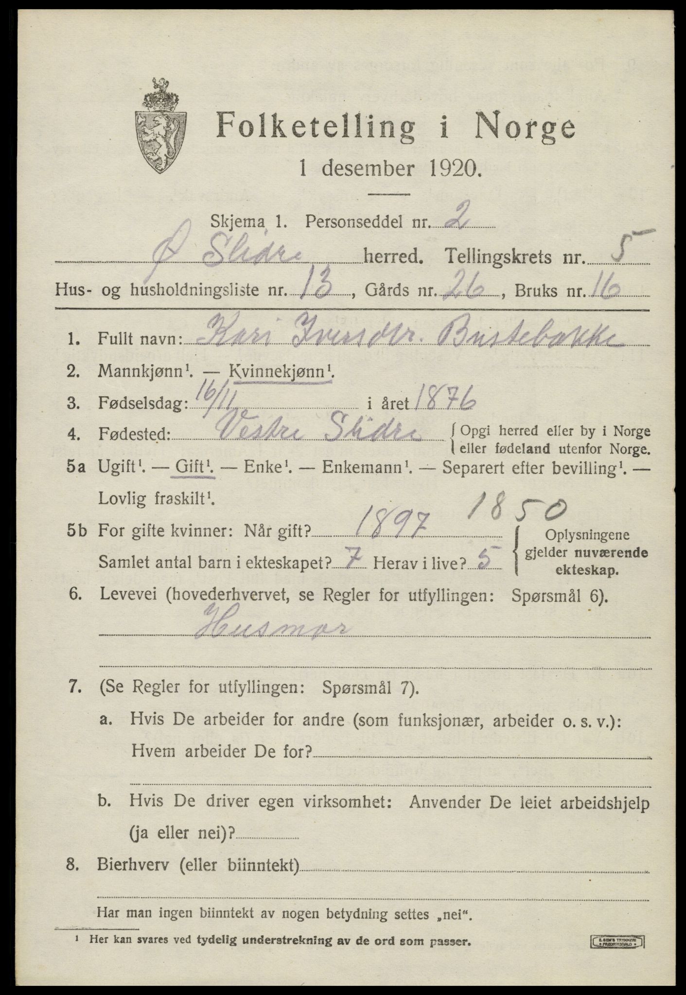 SAH, Folketelling 1920 for 0544 Øystre Slidre herred, 1920, s. 2999