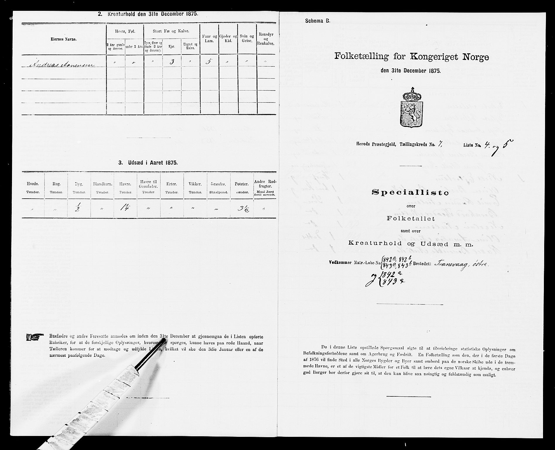 SAK, Folketelling 1875 for 1039P Herad prestegjeld, 1875, s. 842