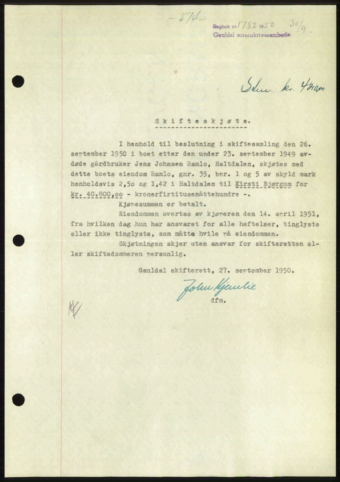Gauldal sorenskriveri, SAT/A-0014/1/2/2C: Pantebok nr. A11, 1950-1950, Dagboknr: 1782/1950