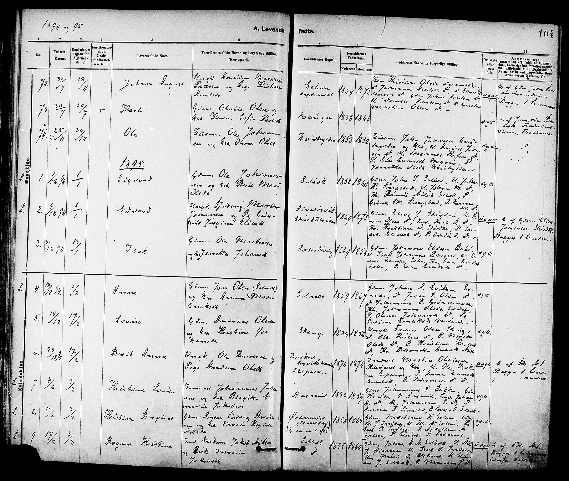 Ministerialprotokoller, klokkerbøker og fødselsregistre - Sør-Trøndelag, SAT/A-1456/647/L0634: Ministerialbok nr. 647A01, 1885-1896, s. 104