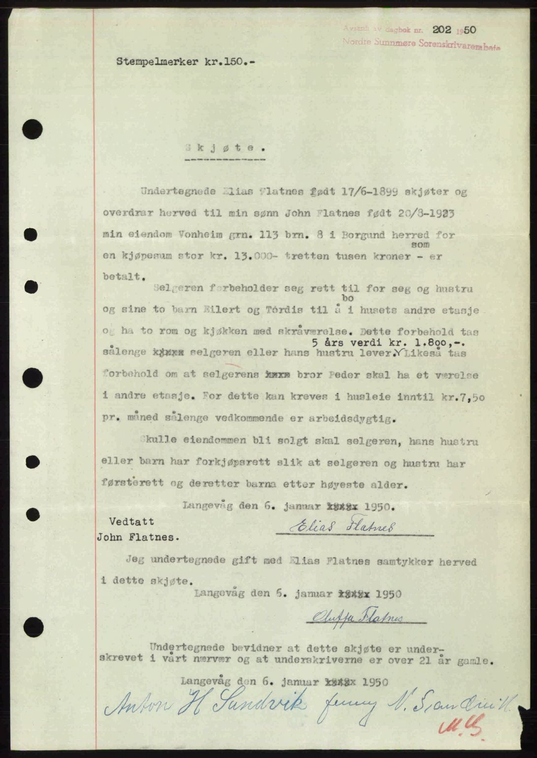 Nordre Sunnmøre sorenskriveri, AV/SAT-A-0006/1/2/2C/2Ca: Pantebok nr. A33, 1949-1950, Dagboknr: 202/1950