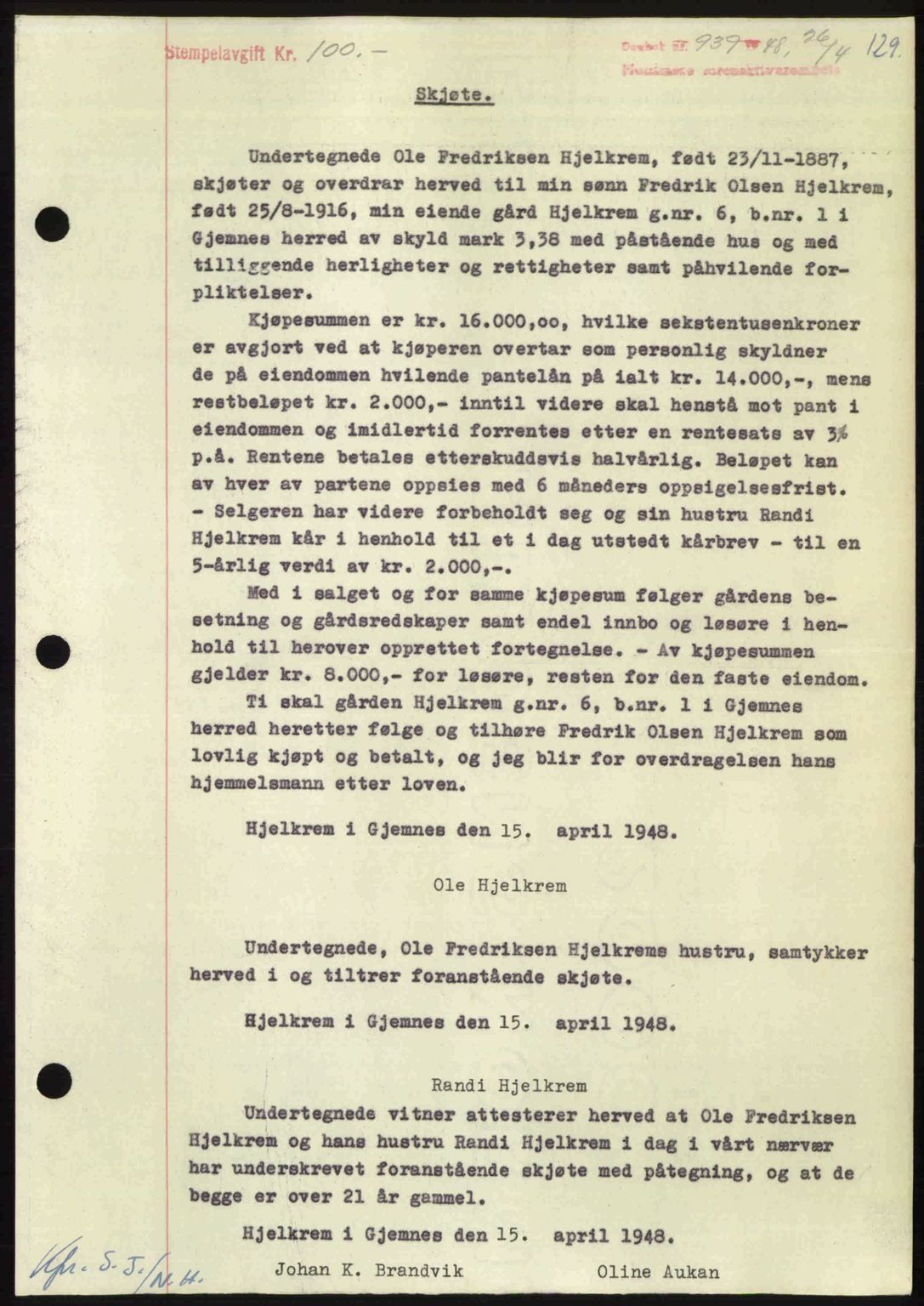 Nordmøre sorenskriveri, SAT/A-4132/1/2/2Ca: Pantebok nr. A108, 1948-1948, Dagboknr: 939/1948