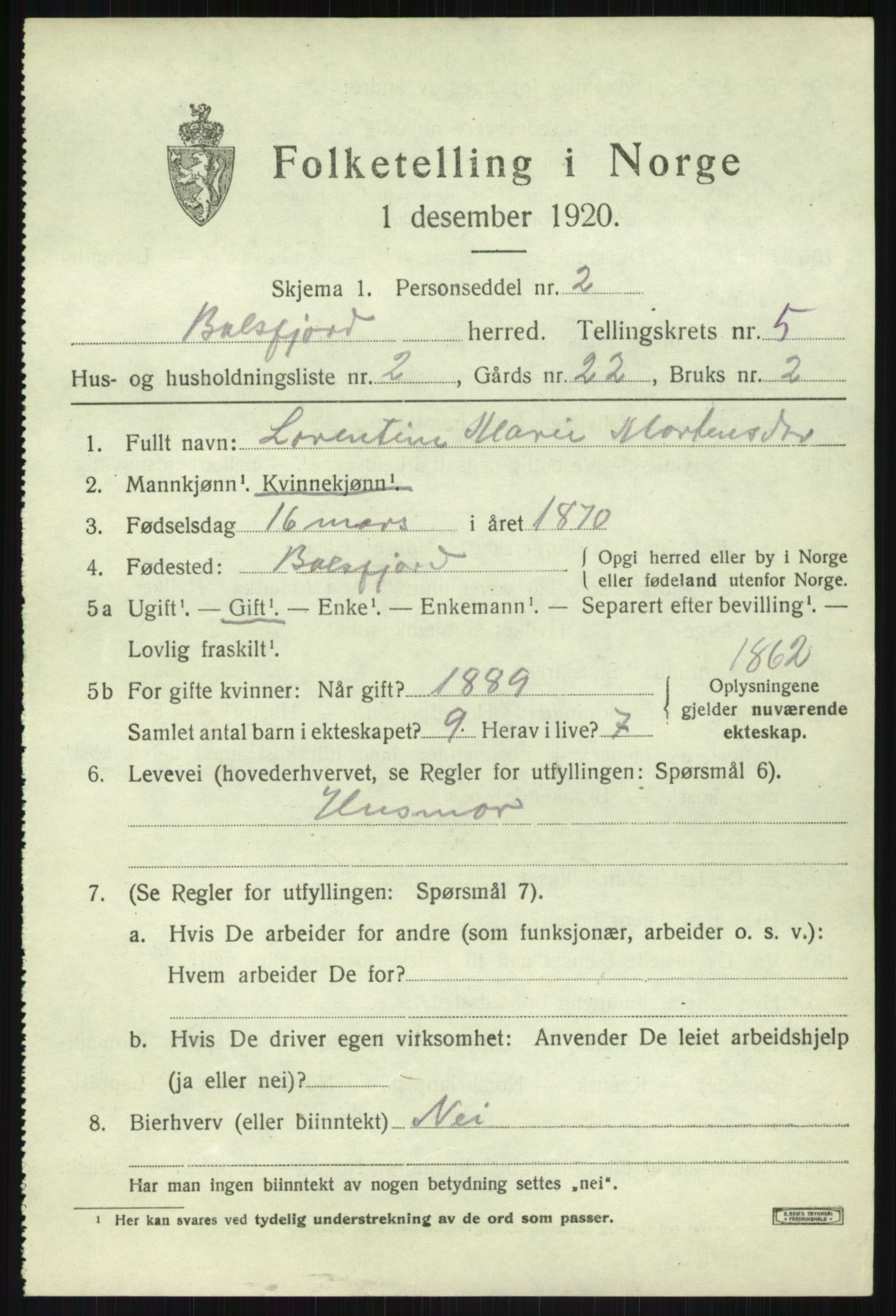 SATØ, Folketelling 1920 for 1933 Balsfjord herred, 1920, s. 3116