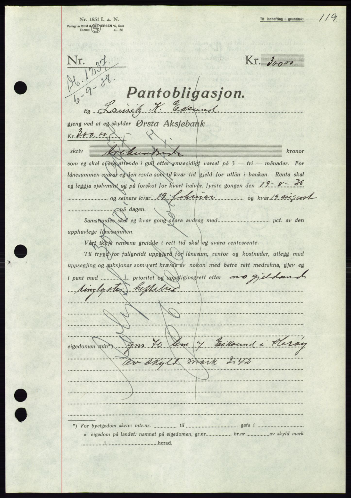 Søre Sunnmøre sorenskriveri, AV/SAT-A-4122/1/2/2C/L0066: Pantebok nr. 60, 1938-1938, Dagboknr: 1237/1938