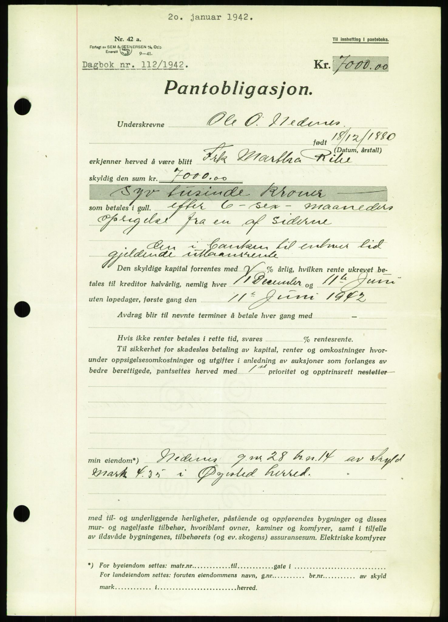 Nedenes sorenskriveri, SAK/1221-0006/G/Gb/Gbb/L0001: Pantebok nr. I, 1939-1942, Dagboknr: 112/1942