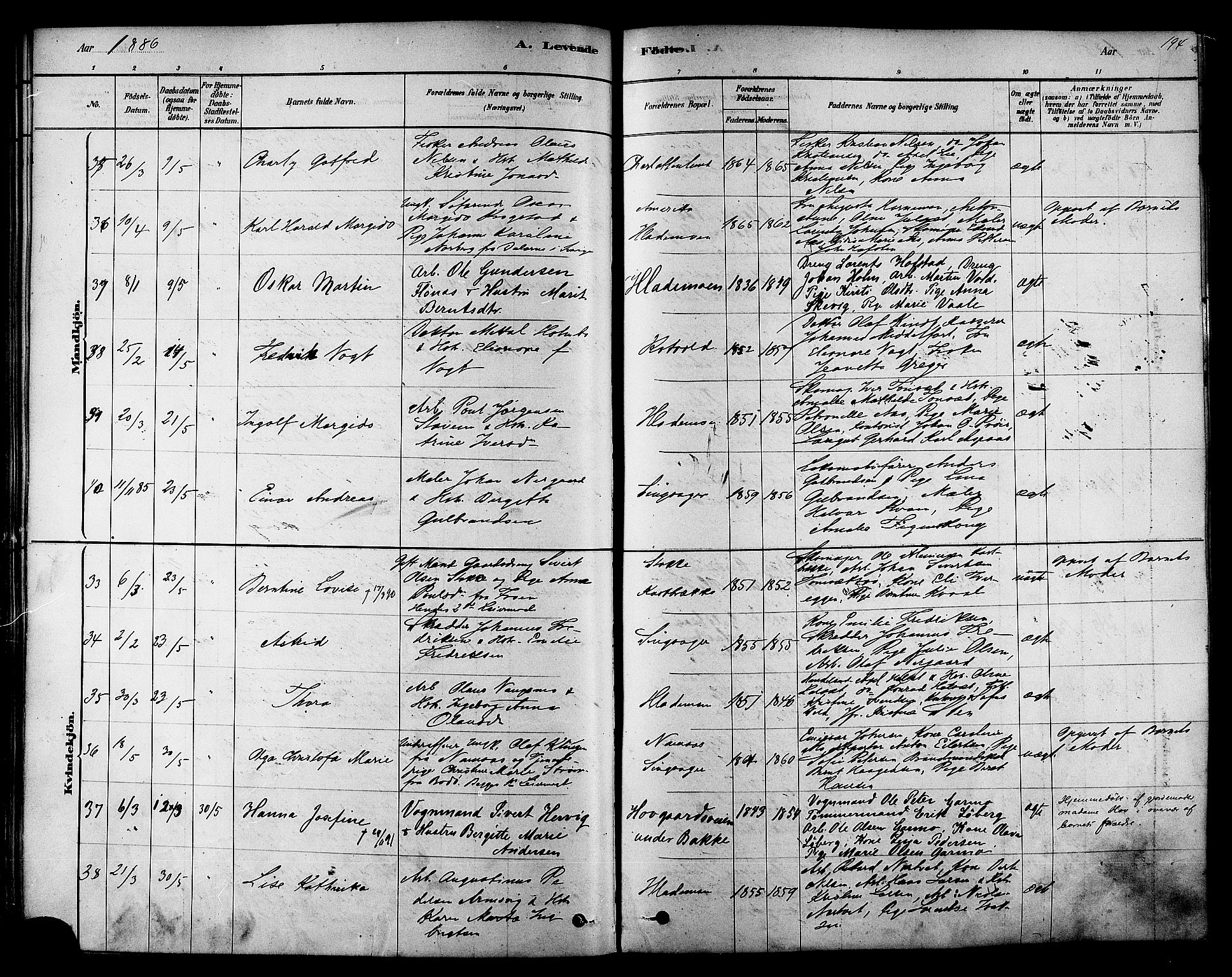 Ministerialprotokoller, klokkerbøker og fødselsregistre - Sør-Trøndelag, SAT/A-1456/606/L0294: Ministerialbok nr. 606A09, 1878-1886, s. 194