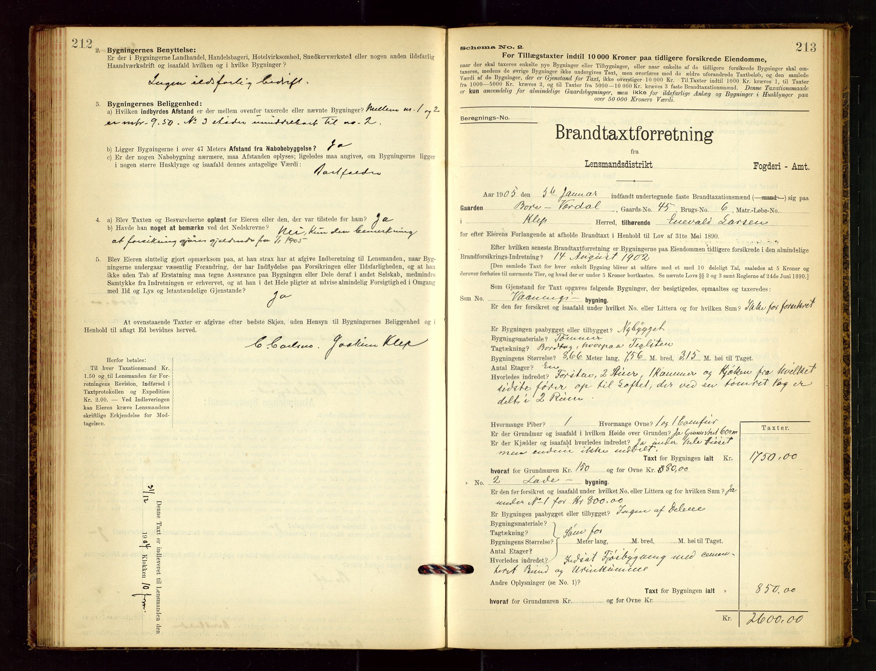 Klepp lensmannskontor, SAST/A-100163/Goc/L0003: "Brandtaxationsprotokol" m/register, 1902-1907, s. 212-213