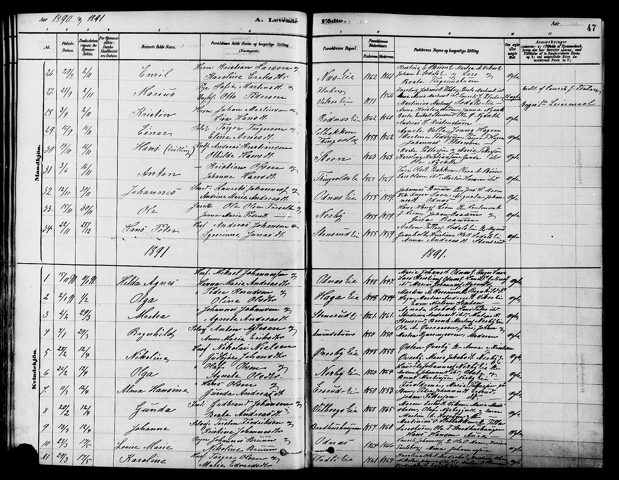 Søndre Land prestekontor, AV/SAH-PREST-122/K/L0002: Ministerialbok nr. 2, 1878-1894, s. 47