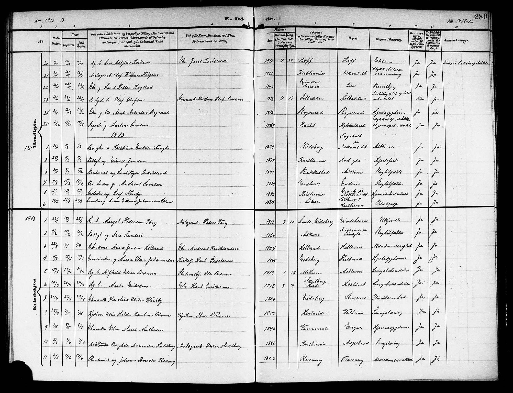 Askim prestekontor Kirkebøker, AV/SAO-A-10900/G/Ga/L0002: Klokkerbok nr. 2, 1903-1921, s. 280