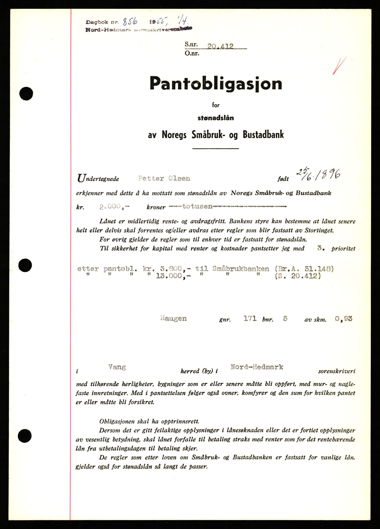 Nord-Hedmark sorenskriveri, SAH/TING-012/H/Hb/Hbf/L0032: Pantebok nr. B32, 1955-1955, Dagboknr: 856/1952