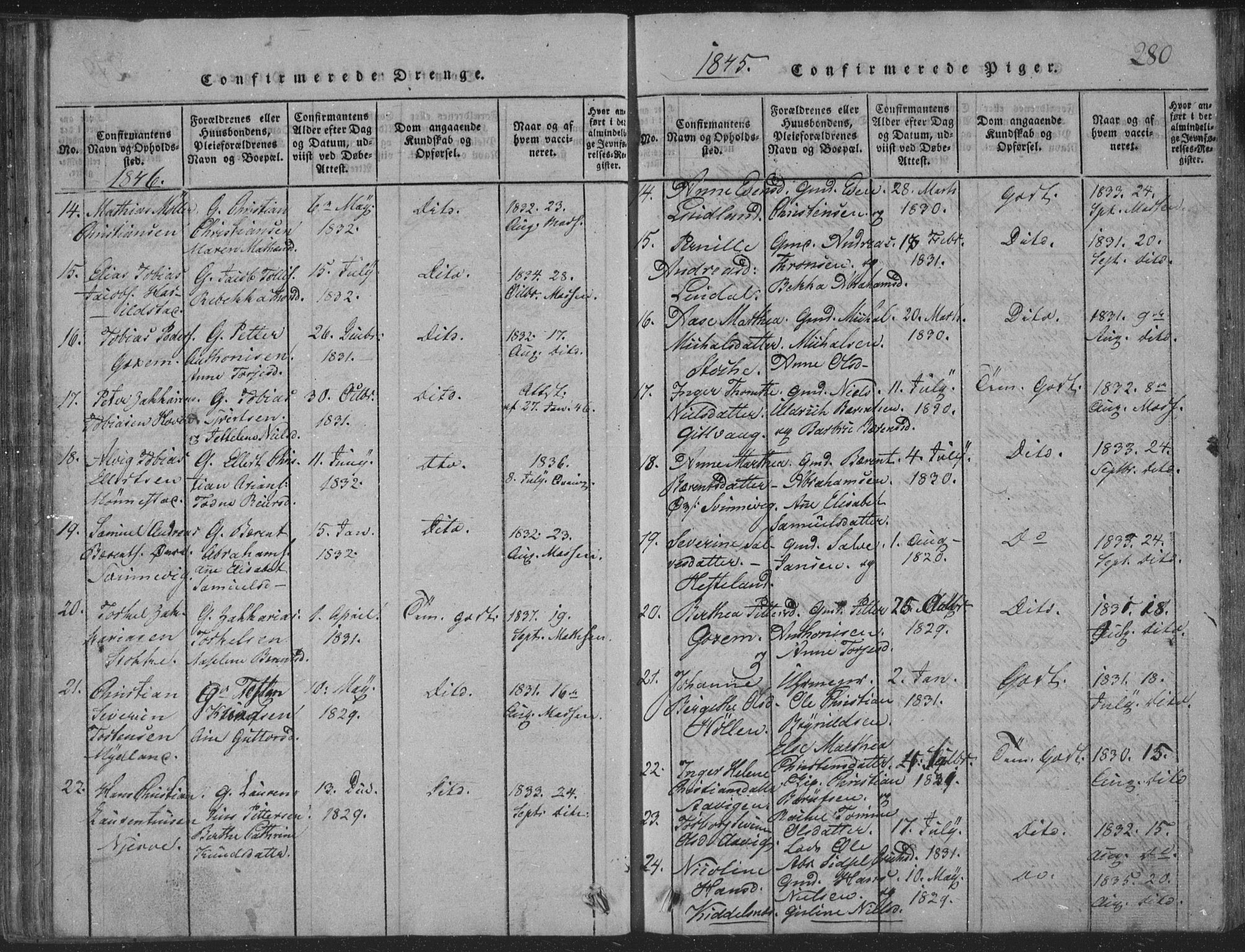 Sør-Audnedal sokneprestkontor, AV/SAK-1111-0039/F/Fb/Fba/L0001: Klokkerbok nr. B 1, 1815-1850, s. 280