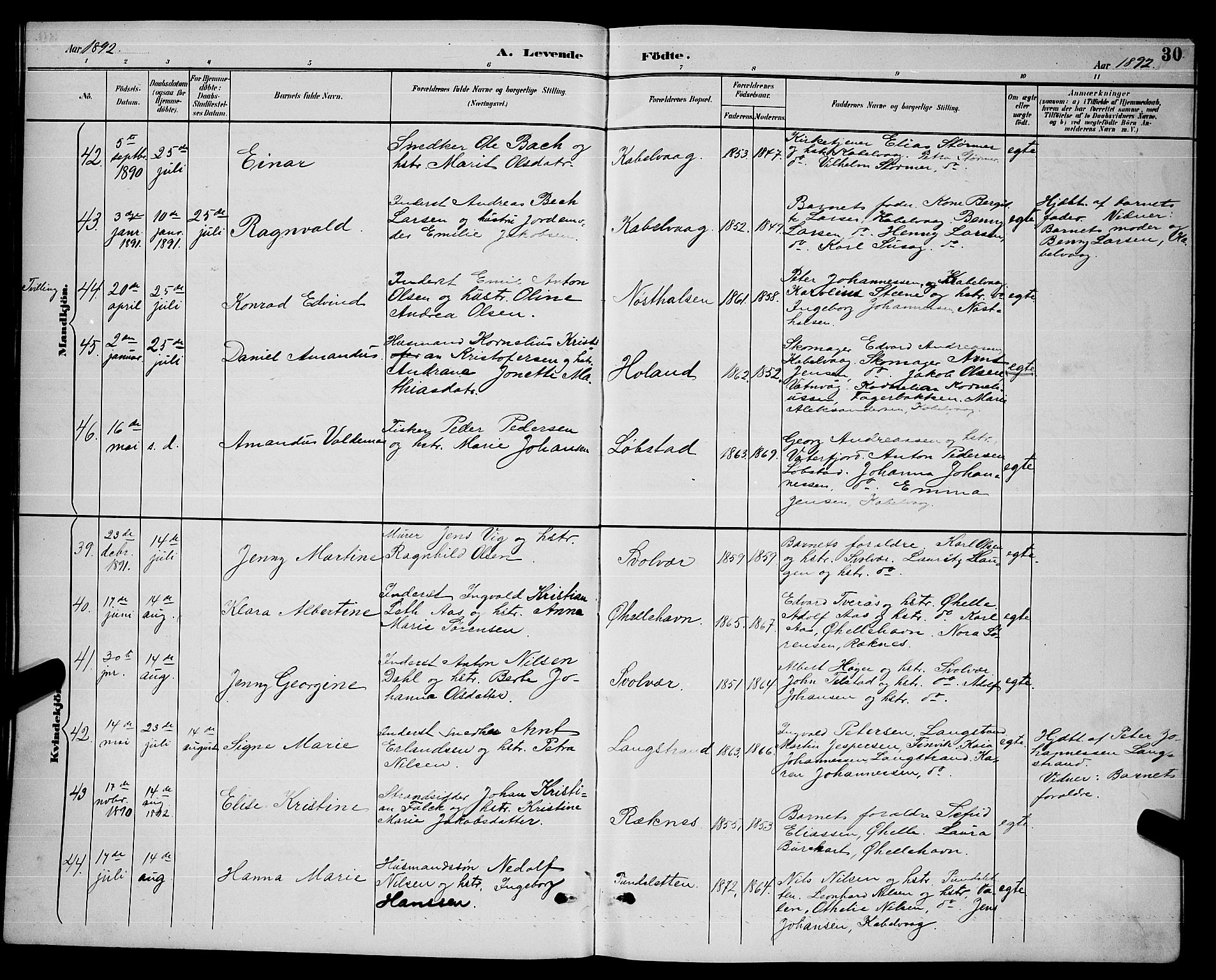 Ministerialprotokoller, klokkerbøker og fødselsregistre - Nordland, AV/SAT-A-1459/874/L1077: Klokkerbok nr. 874C06, 1891-1900, s. 30