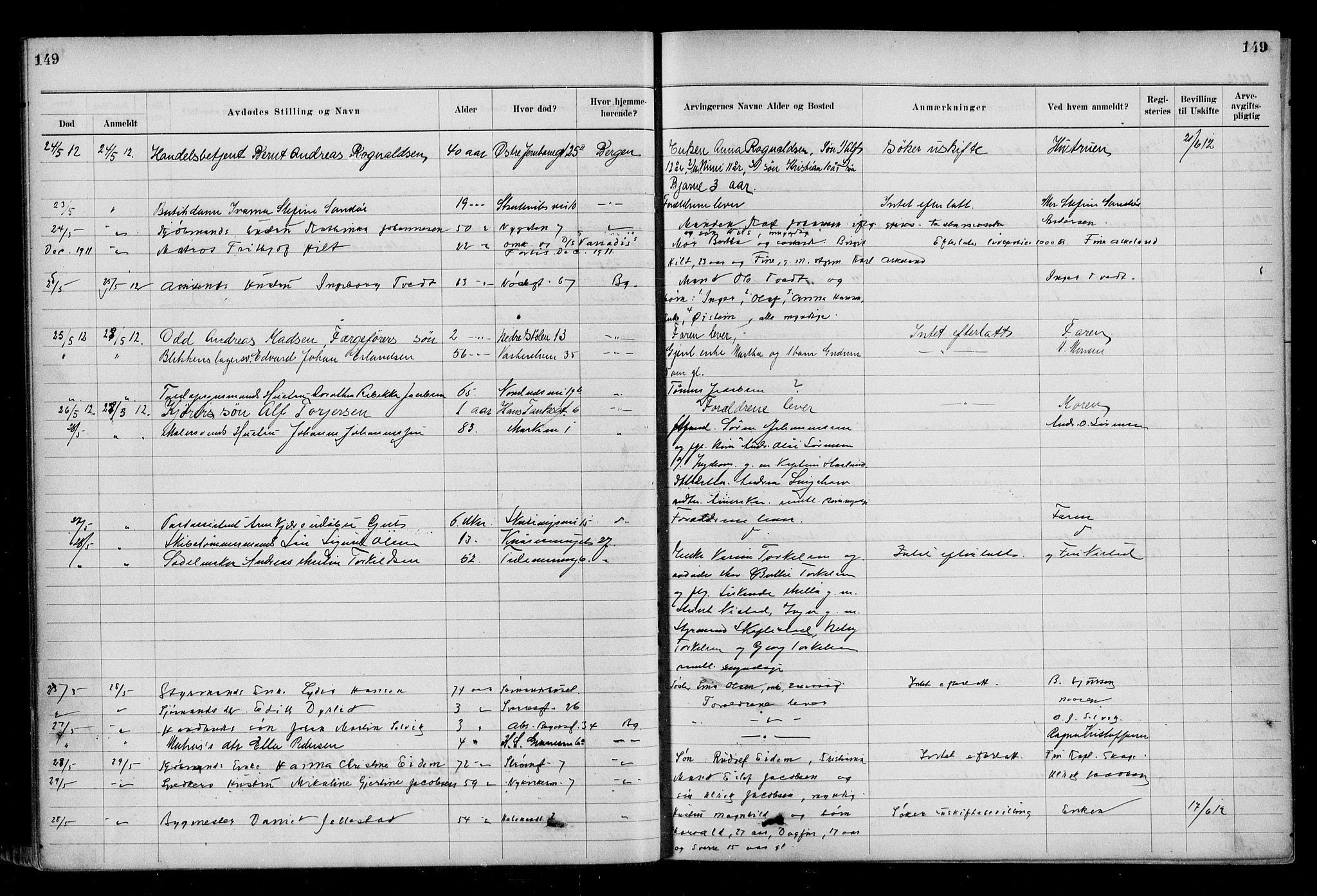 Byfogd og Byskriver i Bergen, AV/SAB-A-3401/06/06Na/L0009: Dødsfallsjournaler, 1910-1915, s. 149