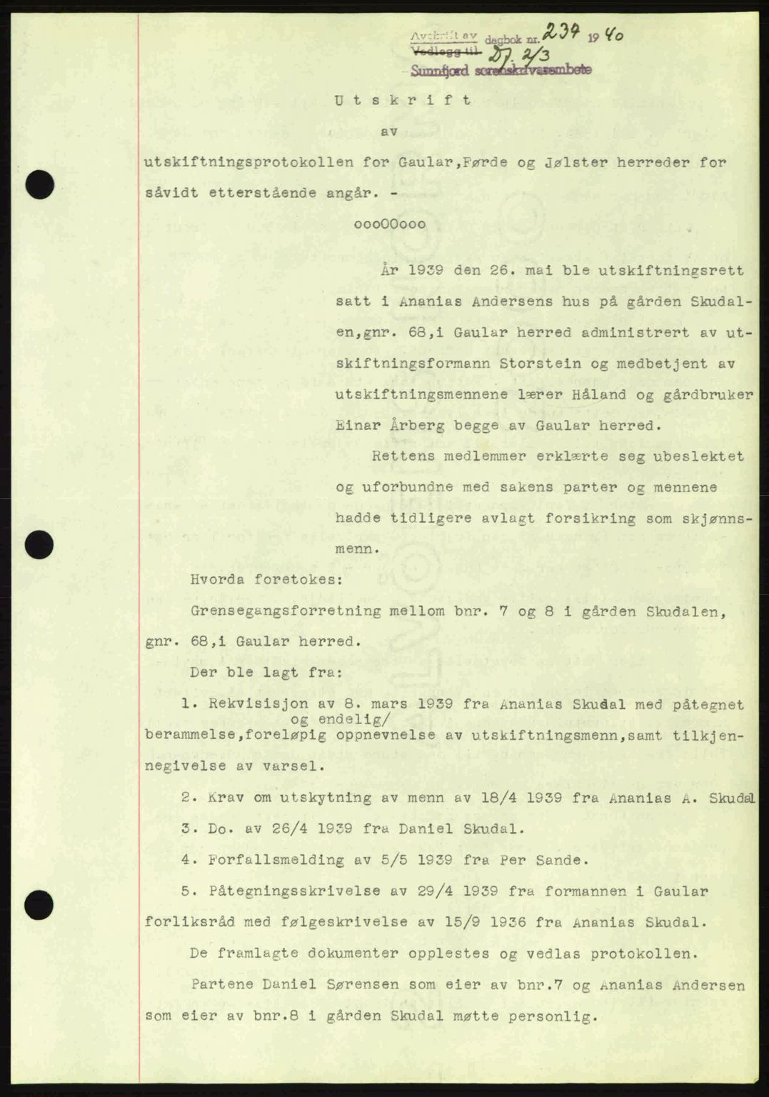 Sunnfjord tingrett, SAB/A-3201/1/G/Gb/Gbb/L0005: Pantebok nr. A5, 1940-1941, Dagboknr: 237/1940