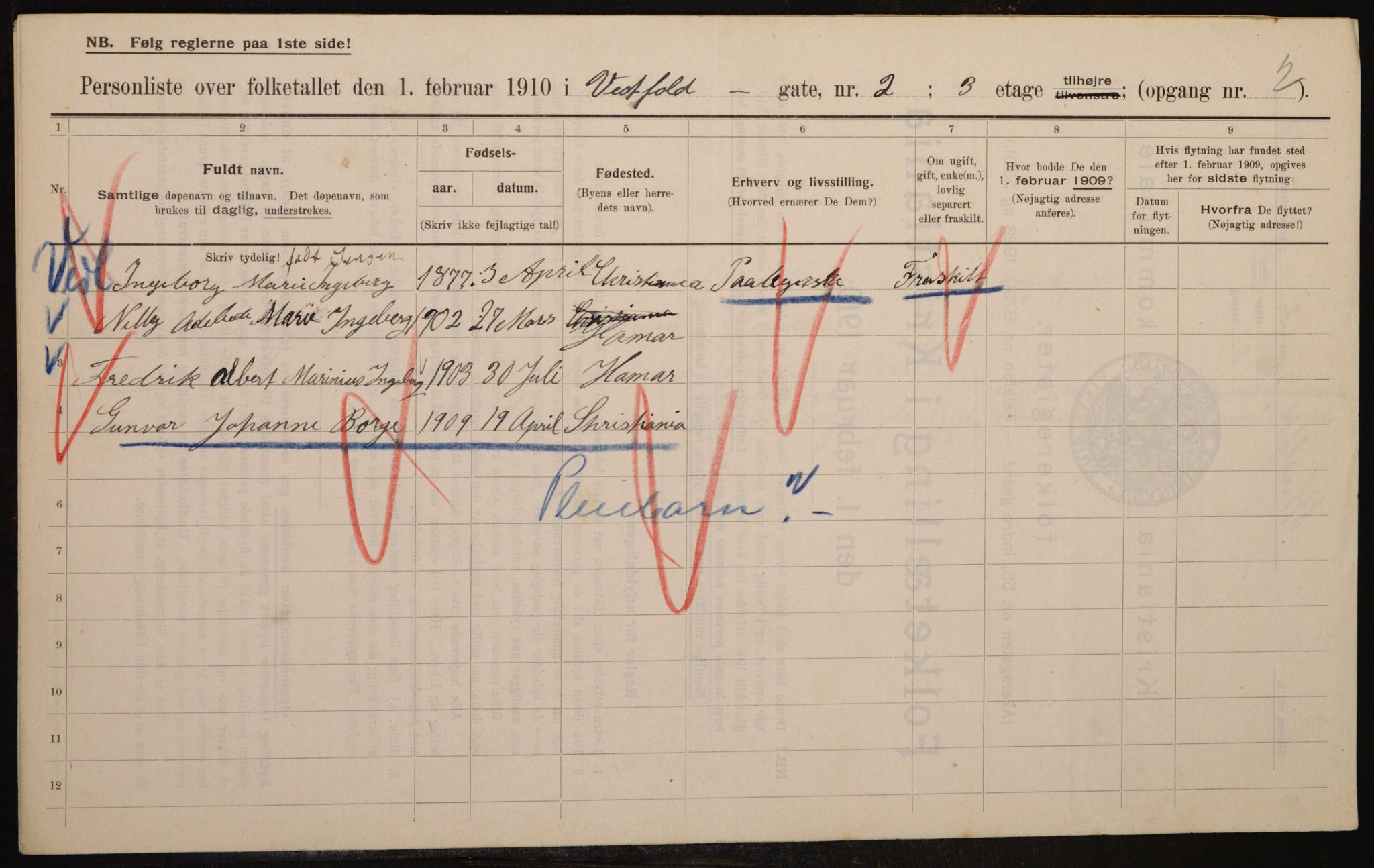 OBA, Kommunal folketelling 1.2.1910 for Kristiania, 1910, s. 116058