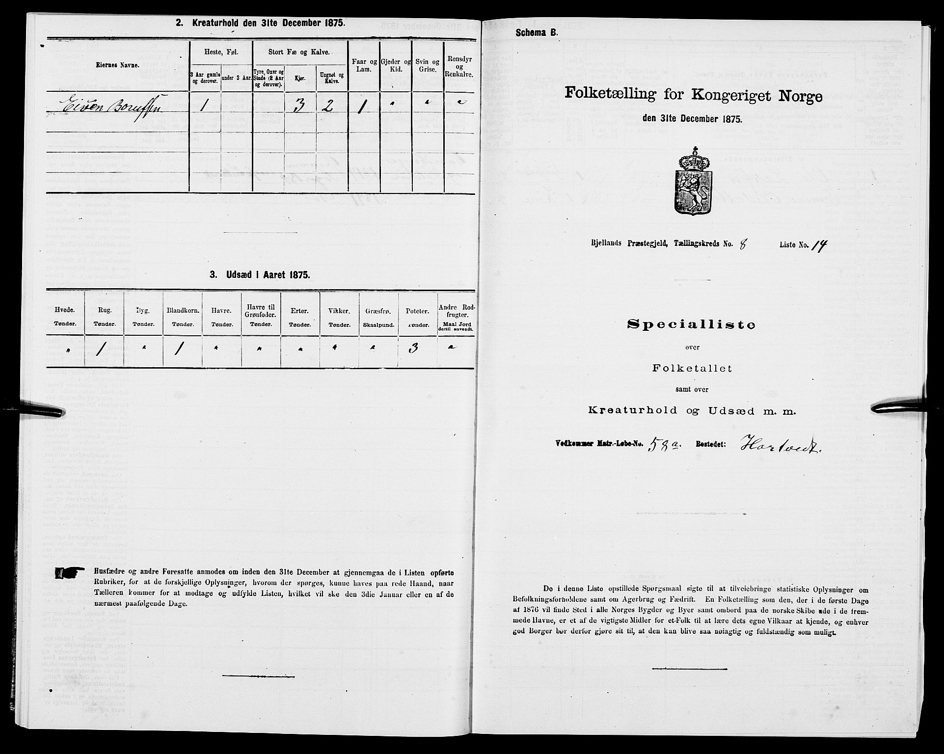 SAK, Folketelling 1875 for 1024P Bjelland prestegjeld, 1875, s. 535