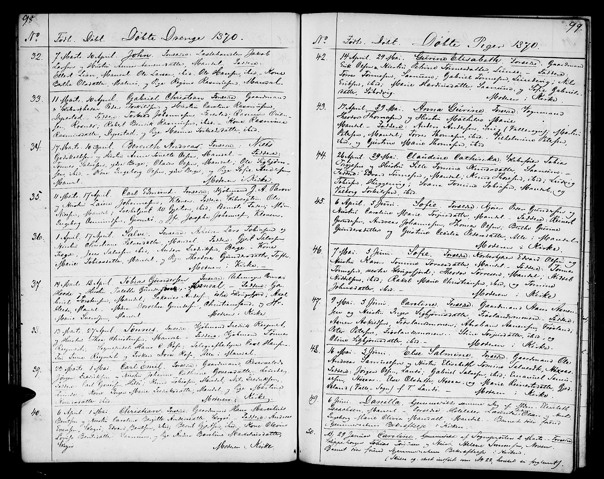 Mandal sokneprestkontor, AV/SAK-1111-0030/F/Fb/Fba/L0009: Klokkerbok nr. B 3, 1867-1877, s. 98-99