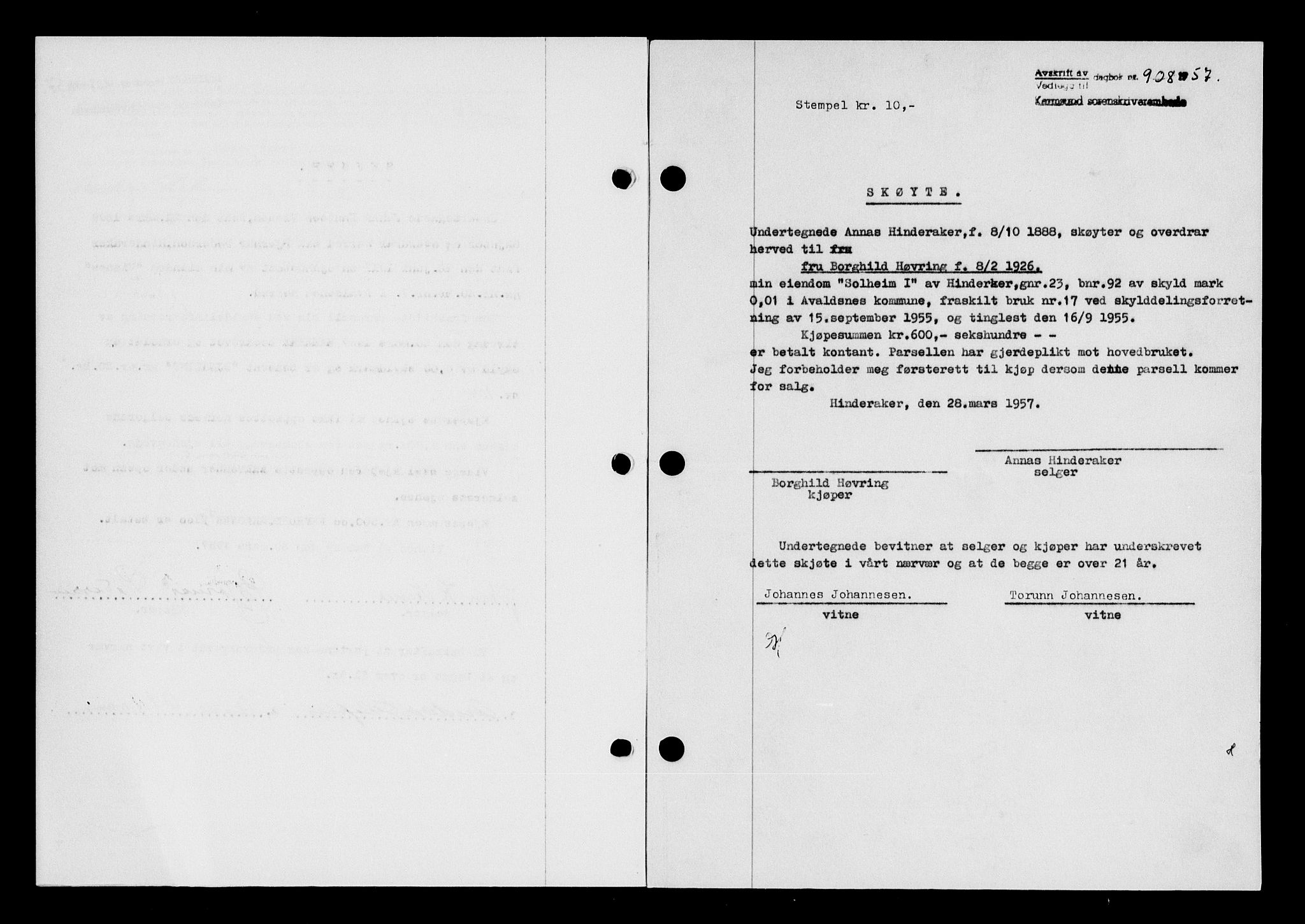 Karmsund sorenskriveri, SAST/A-100311/01/II/IIB/L0124: Pantebok nr. 104A, 1957-1957, Dagboknr: 908/1957