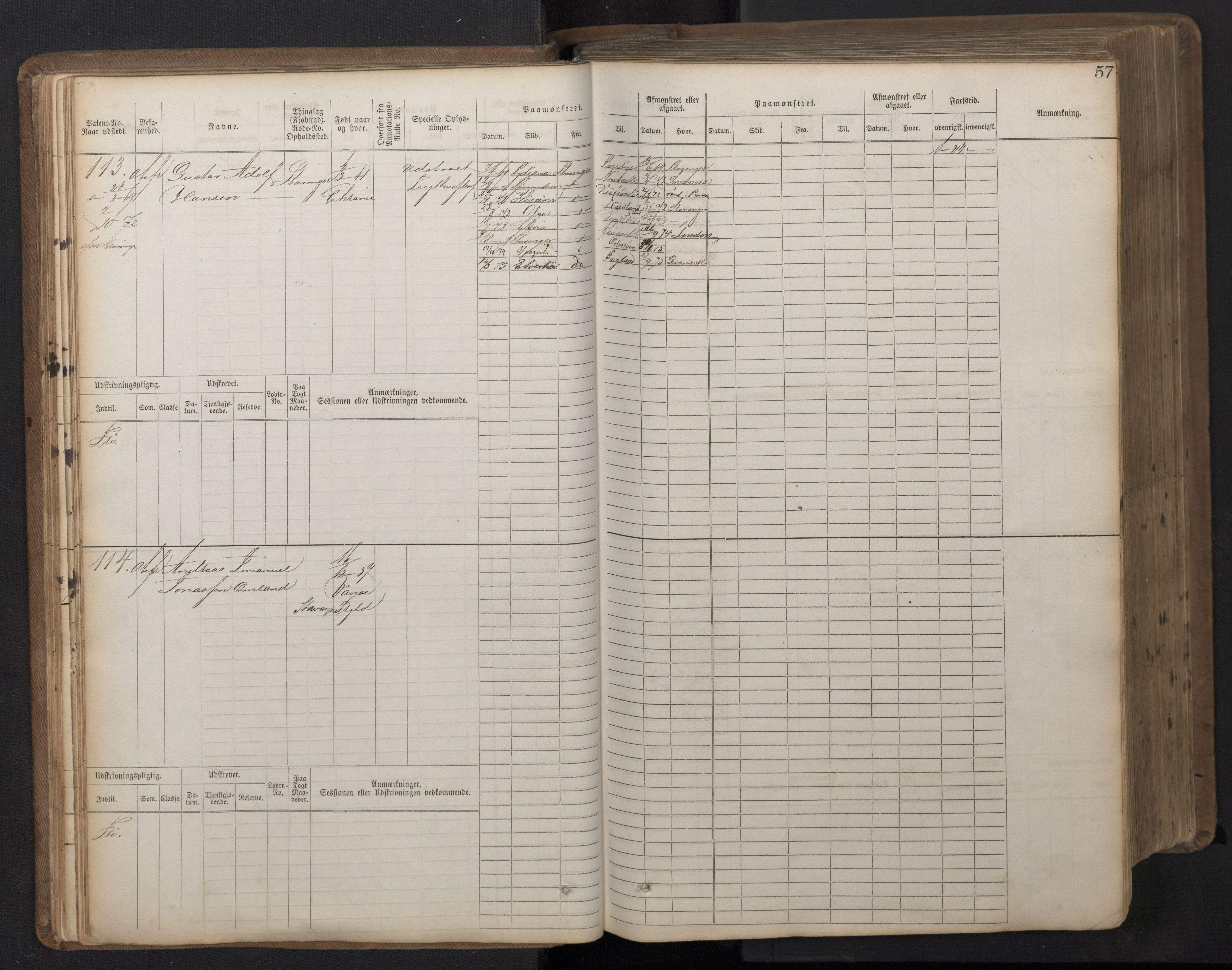 Stavanger sjømannskontor, AV/SAST-A-102006/F/Fb/Fbb/L0016: Sjøfartshovedrulle patnentnr. 1-1202 (dublett), 1869, s. 57