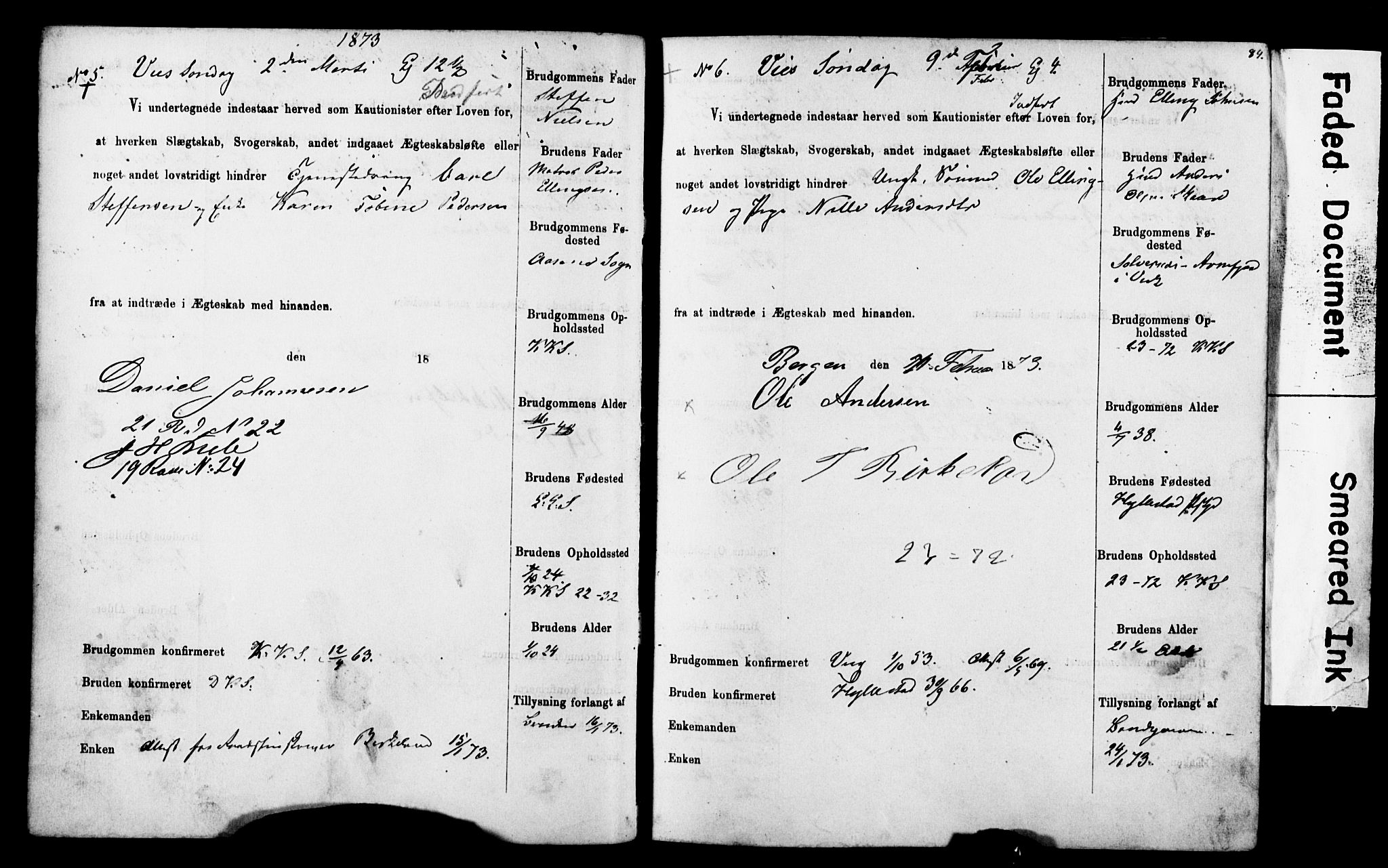 Korskirken sokneprestembete, SAB/A-76101: Forlovererklæringer nr. II.5.4, 1871-1878, s. 84